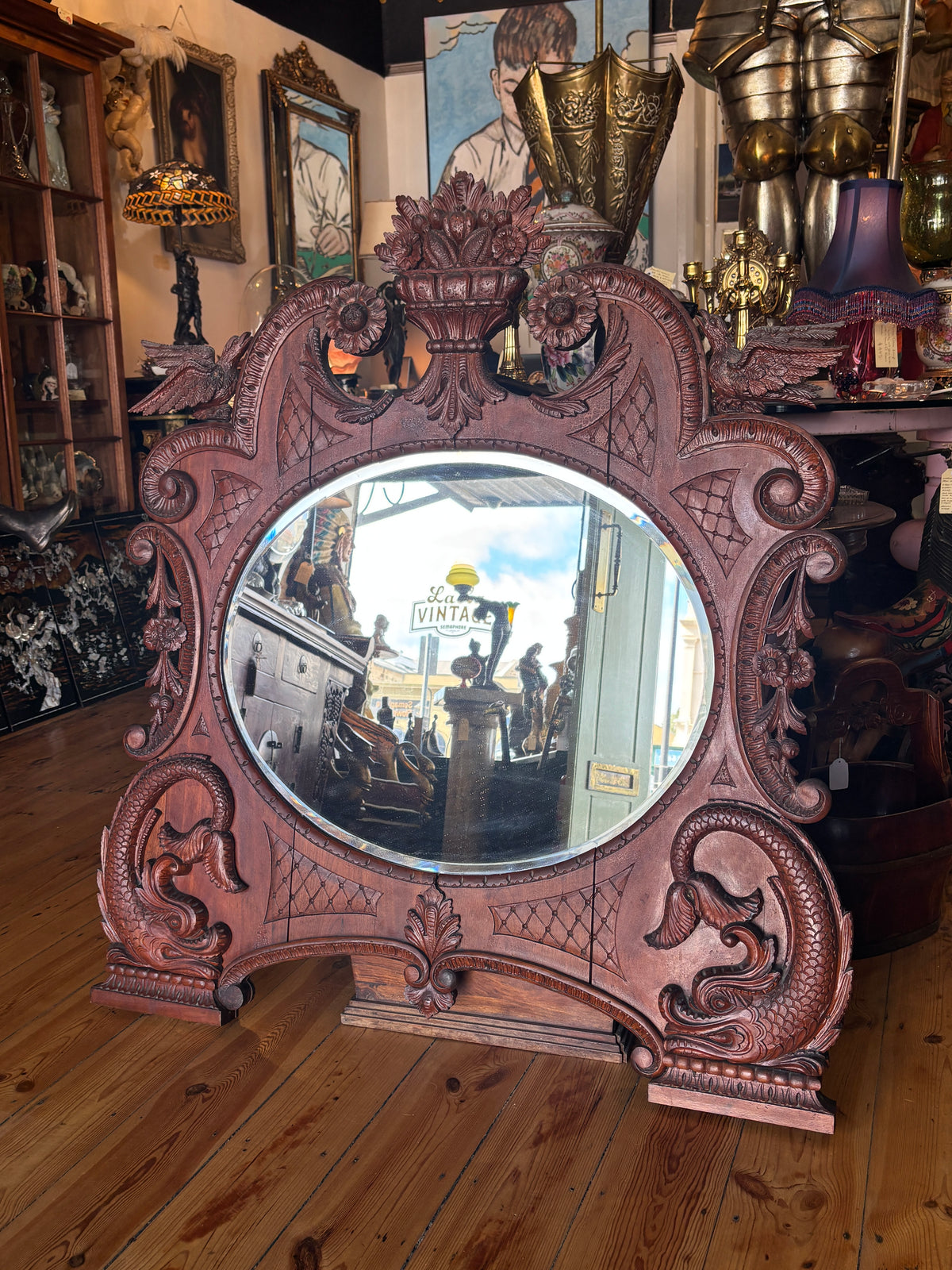 Antique Hand Carved Bird Mirror with Fish | Continental Baroque Revival c.1900 | 124cm