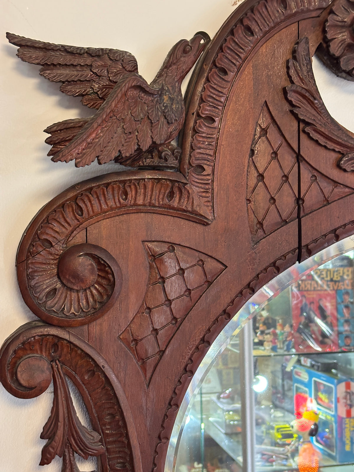 Antique Hand Carved Bird Mirror with Fish | Continental Baroque Revival c.1900 | 124cm