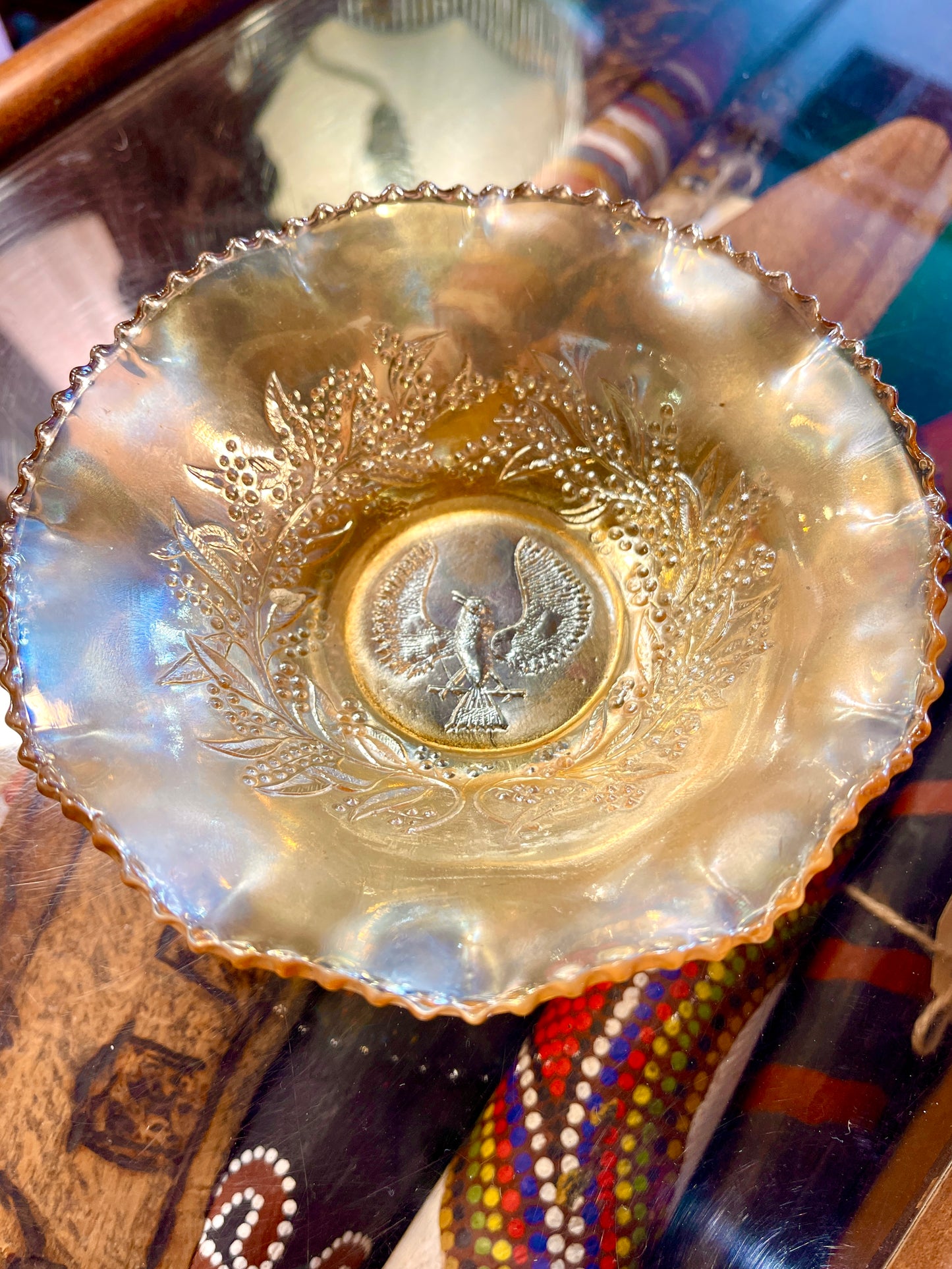 Carnival Glass Bowl Marigold Piping Shrike Bird - Australia 1920s