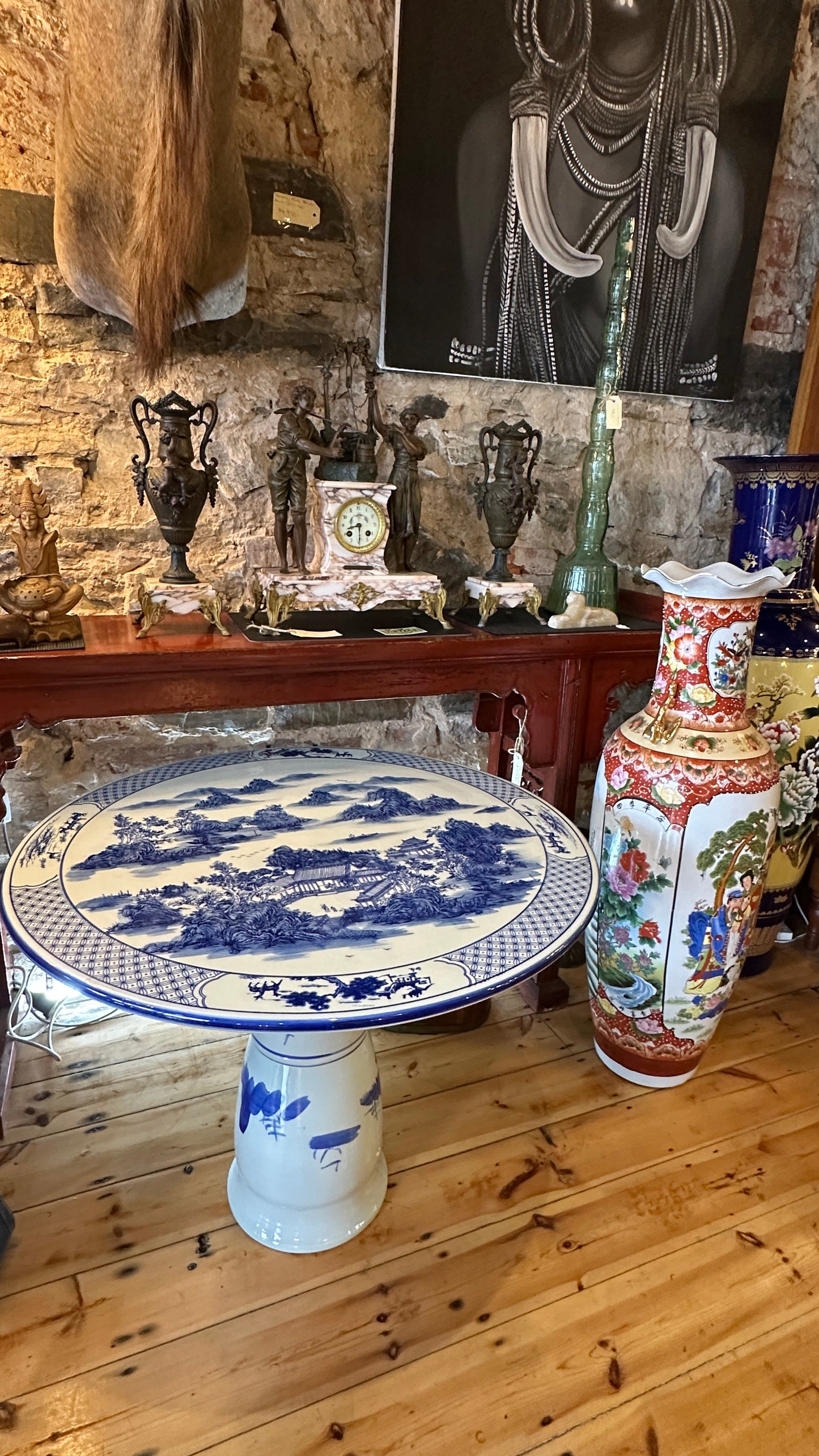 Chinese blue and white porcelain garden table with beautiful landscaped scene