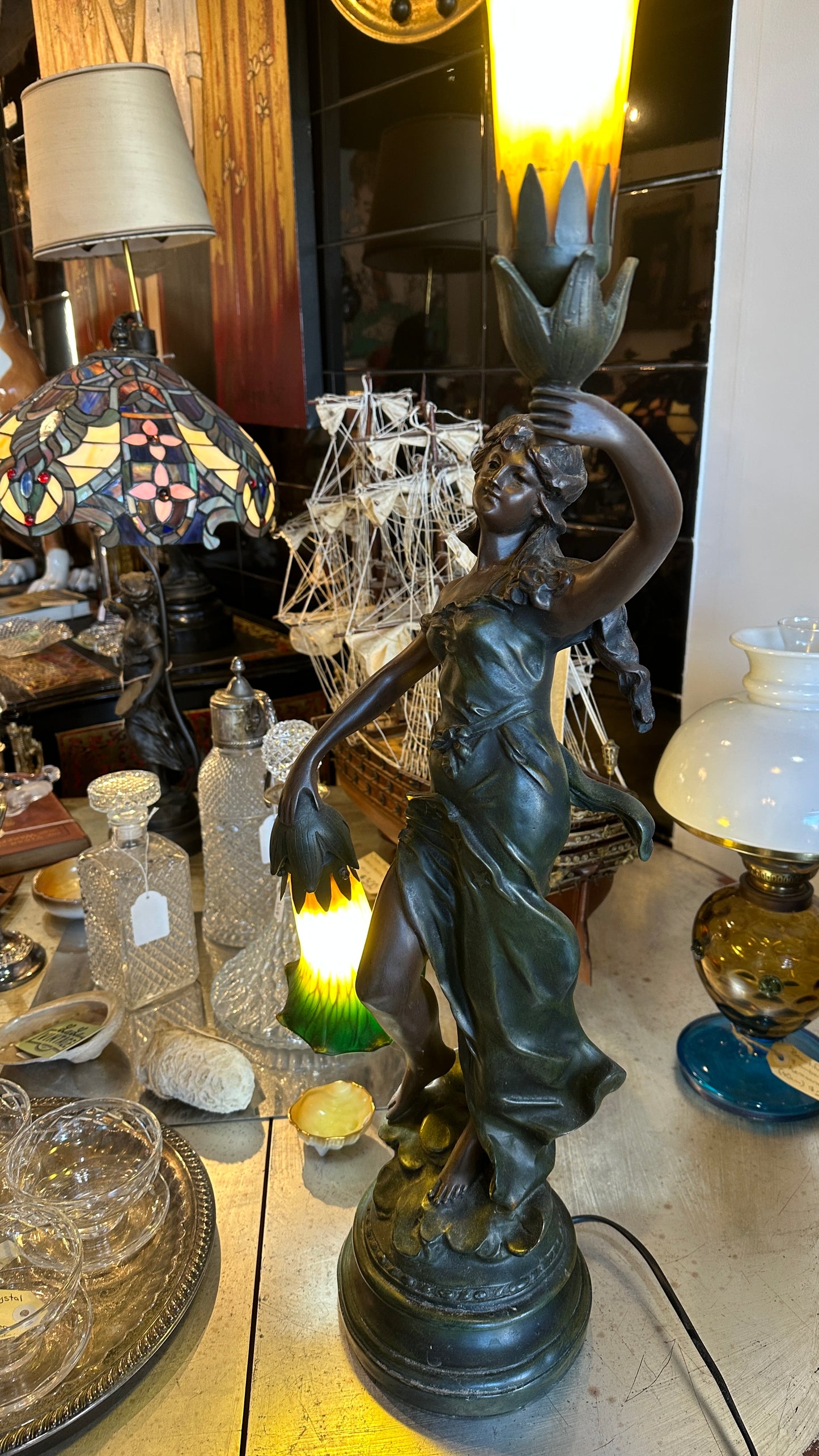 Art Nouveau figural table lamp titled "Lady Liberty”