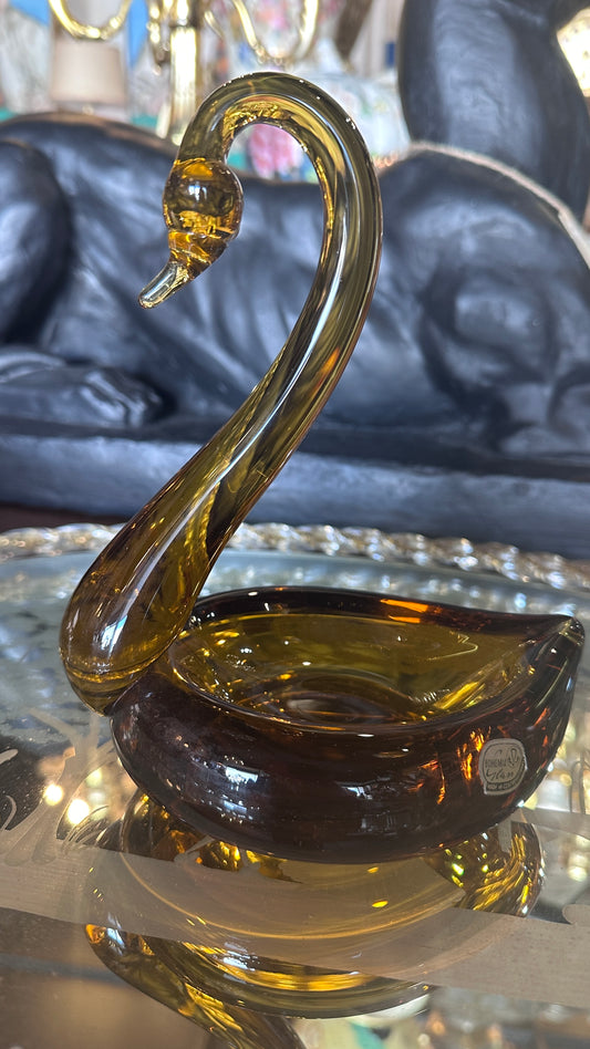 Vintage Bohemia Amber Art Glass Swan Bowl / Trinket Dish