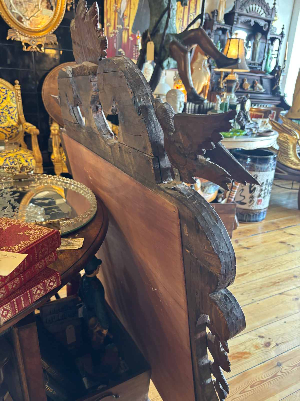 Antique Hand Carved Bird Mirror with Fish | Continental Baroque Revival c.1900 | 124cm