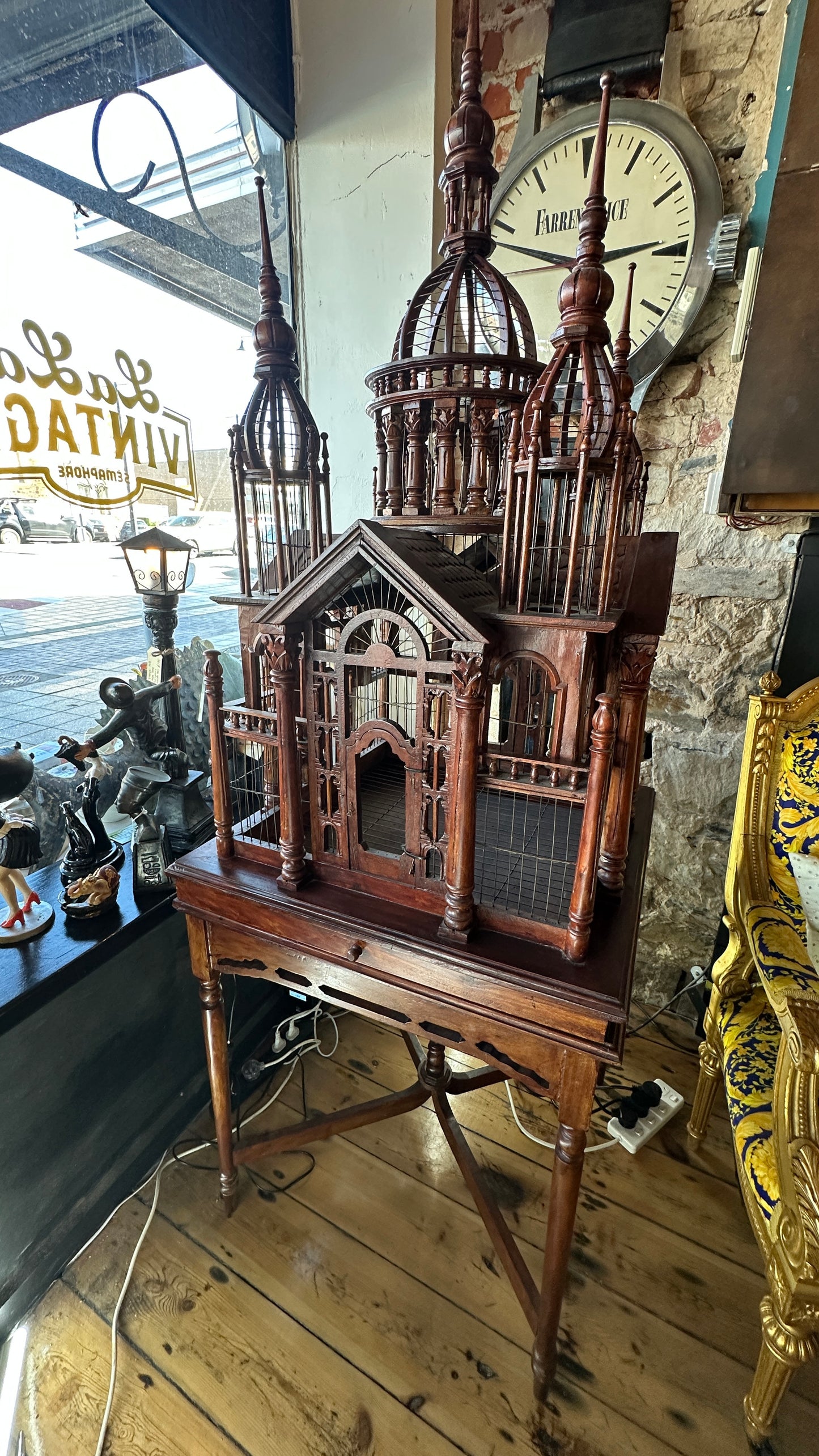 Monumental Mahogany Cathedral Birdcage, 70x70x190cm