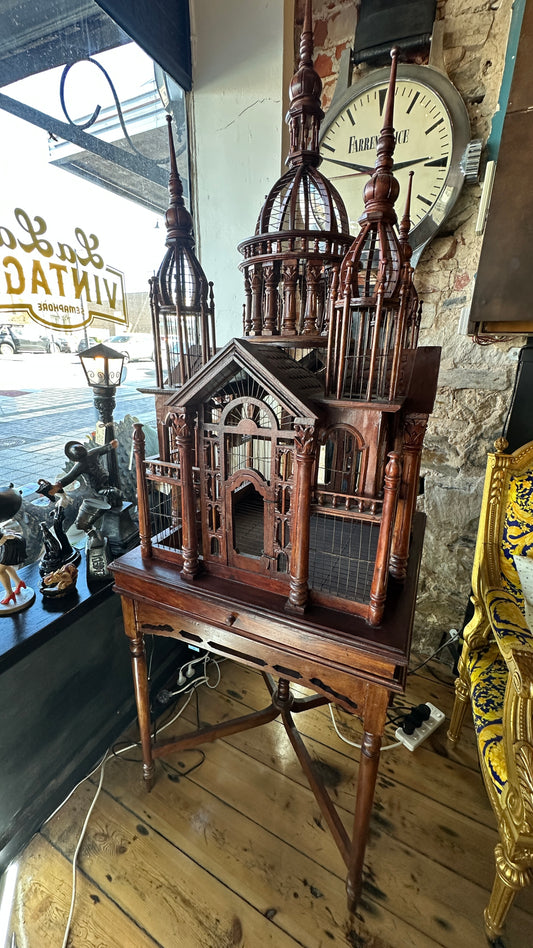 Monumental Mahogany Cathedral Birdcage, 70x70x190cm