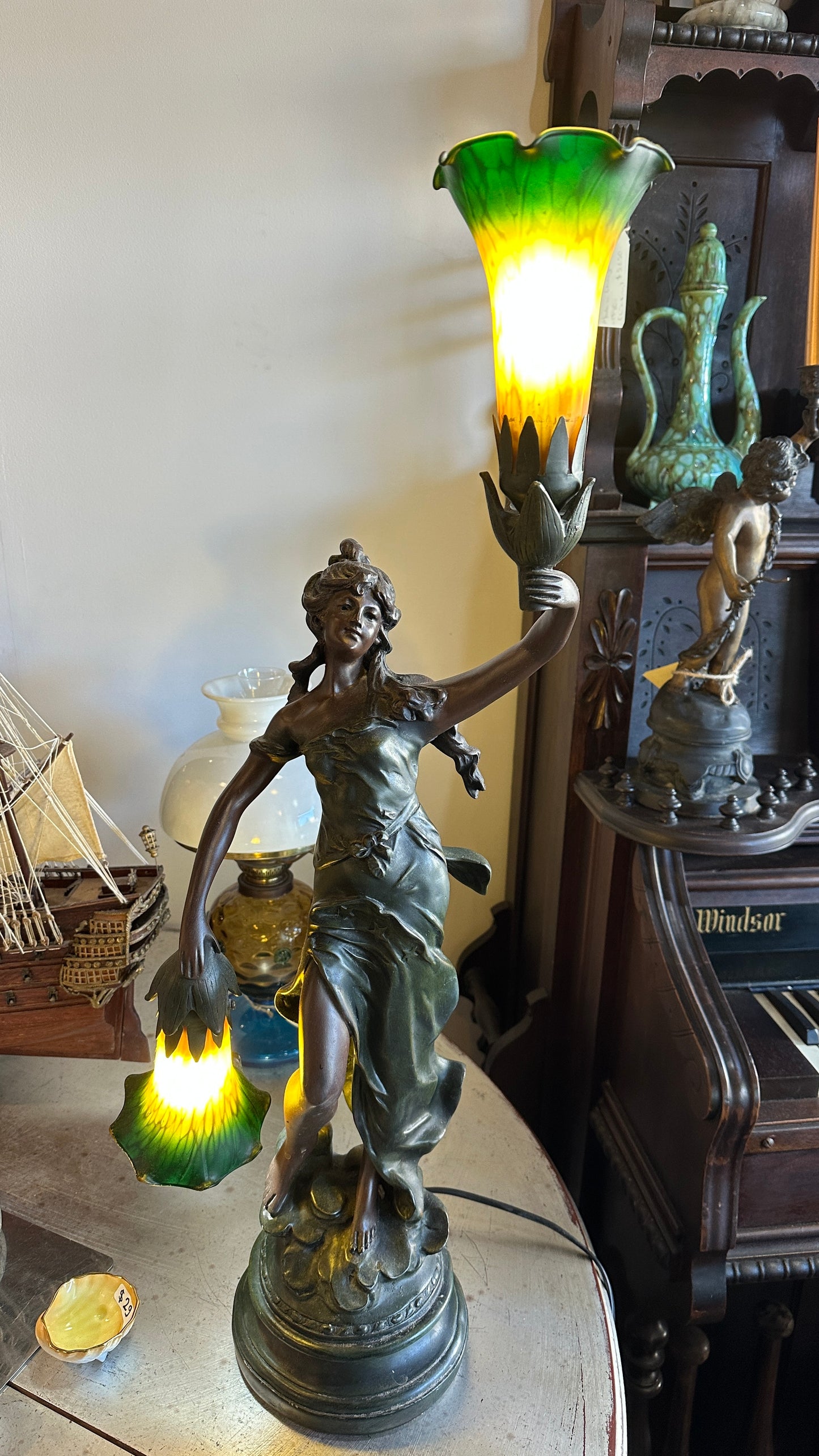 Art Nouveau figural table lamp titled "Lady Liberty”
