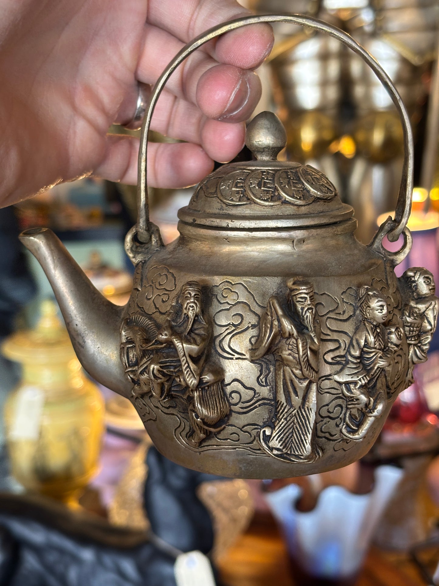Vintage Chinese Brass Teapot – The Eight Immortals Relief & Coin Lid