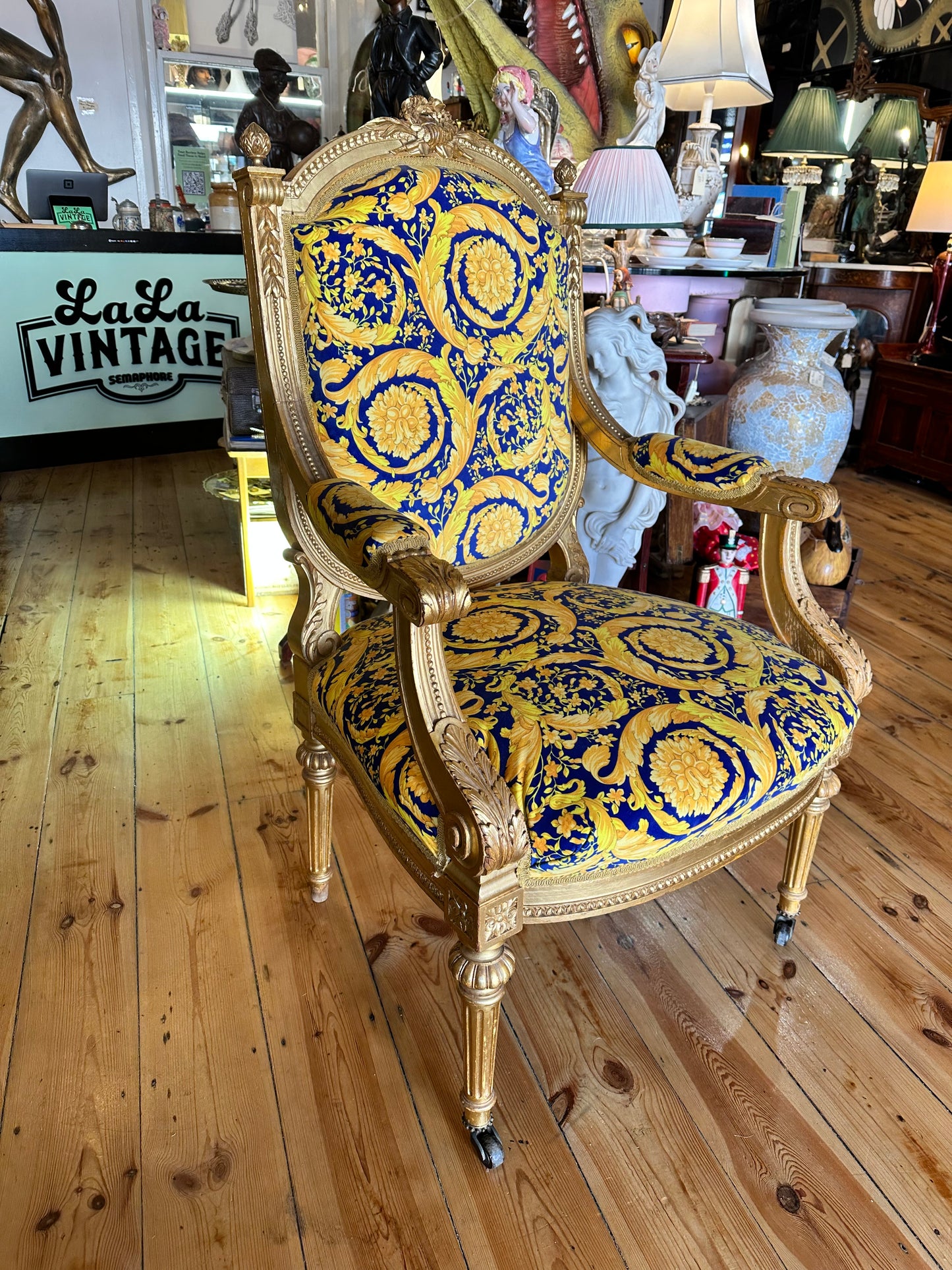 Louis XVI Carved Gilt Framed Armchairs Upholstered with Versace Fabric - Sold Separately