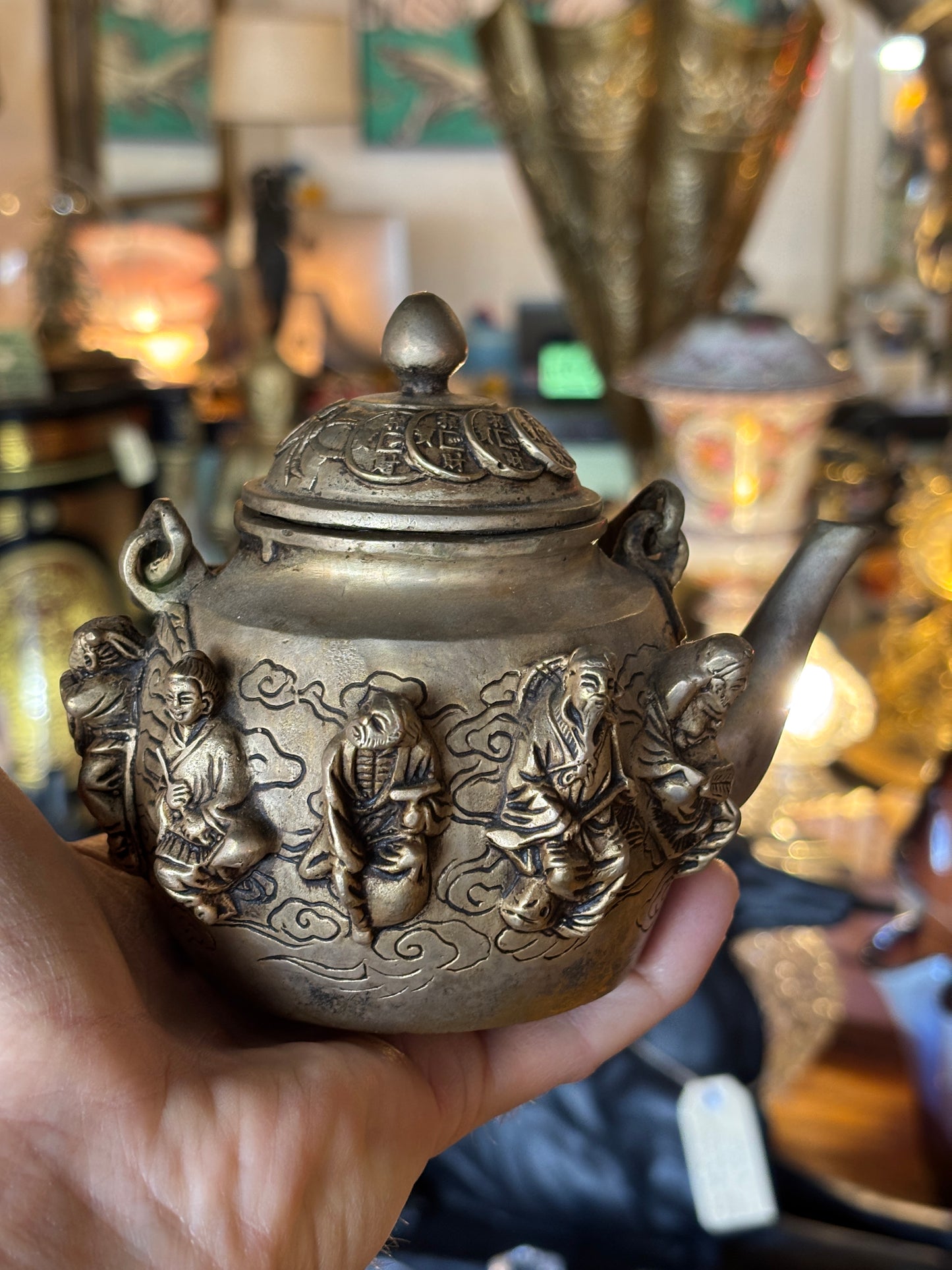 Vintage Chinese Brass Teapot – The Eight Immortals Relief & Coin Lid