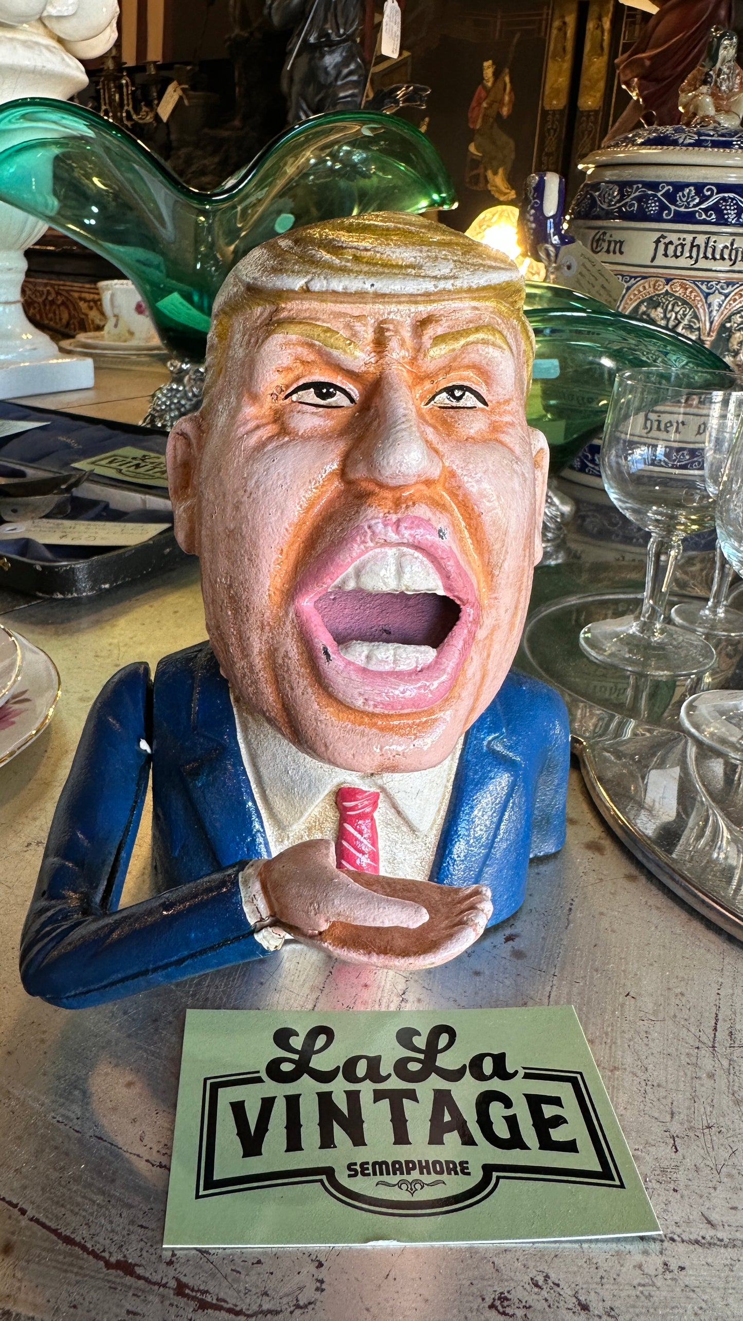 Donald Trump Cast Iron Mechanical Coin Bank, Hand Painted