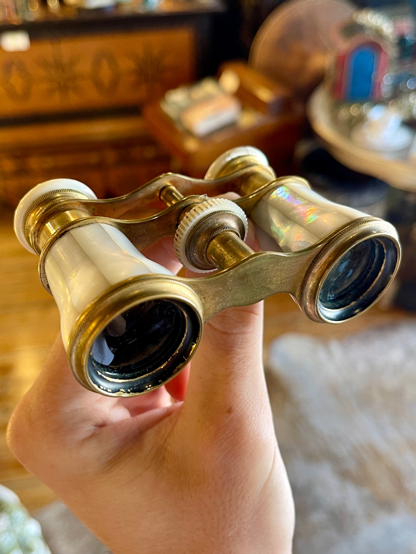 Antique Brass & Mother of Pearl Opera Glasses Binoculars with Velvet Purse - Circa 1890s