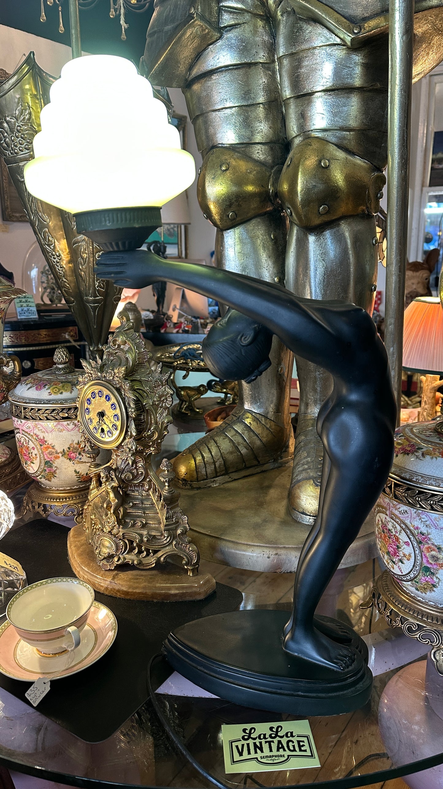 Art Deco Table Lamp in Matte Black with Tiered Glass Shade