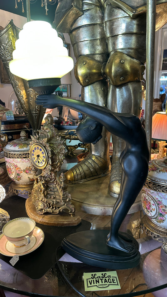 Art Deco Table Lamp in Matte Black with Tiered Glass Shade