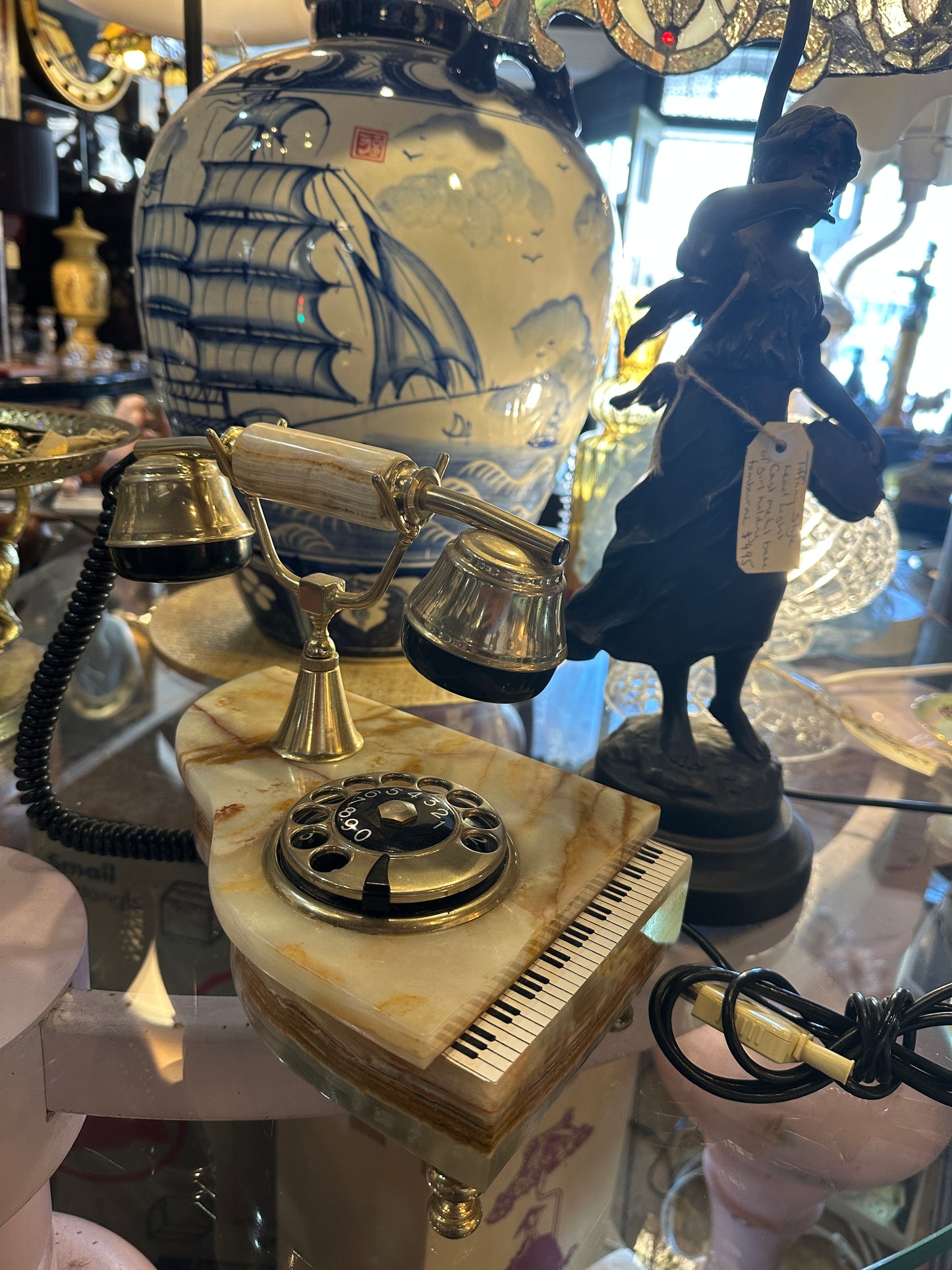 Vintage Onyx and Brass Grand Piano shaped Novelty Telephone