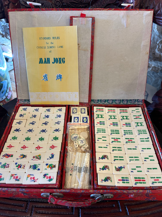 Vintage Mahjong set, including red brocade silk case and "Standard Rules" booklet