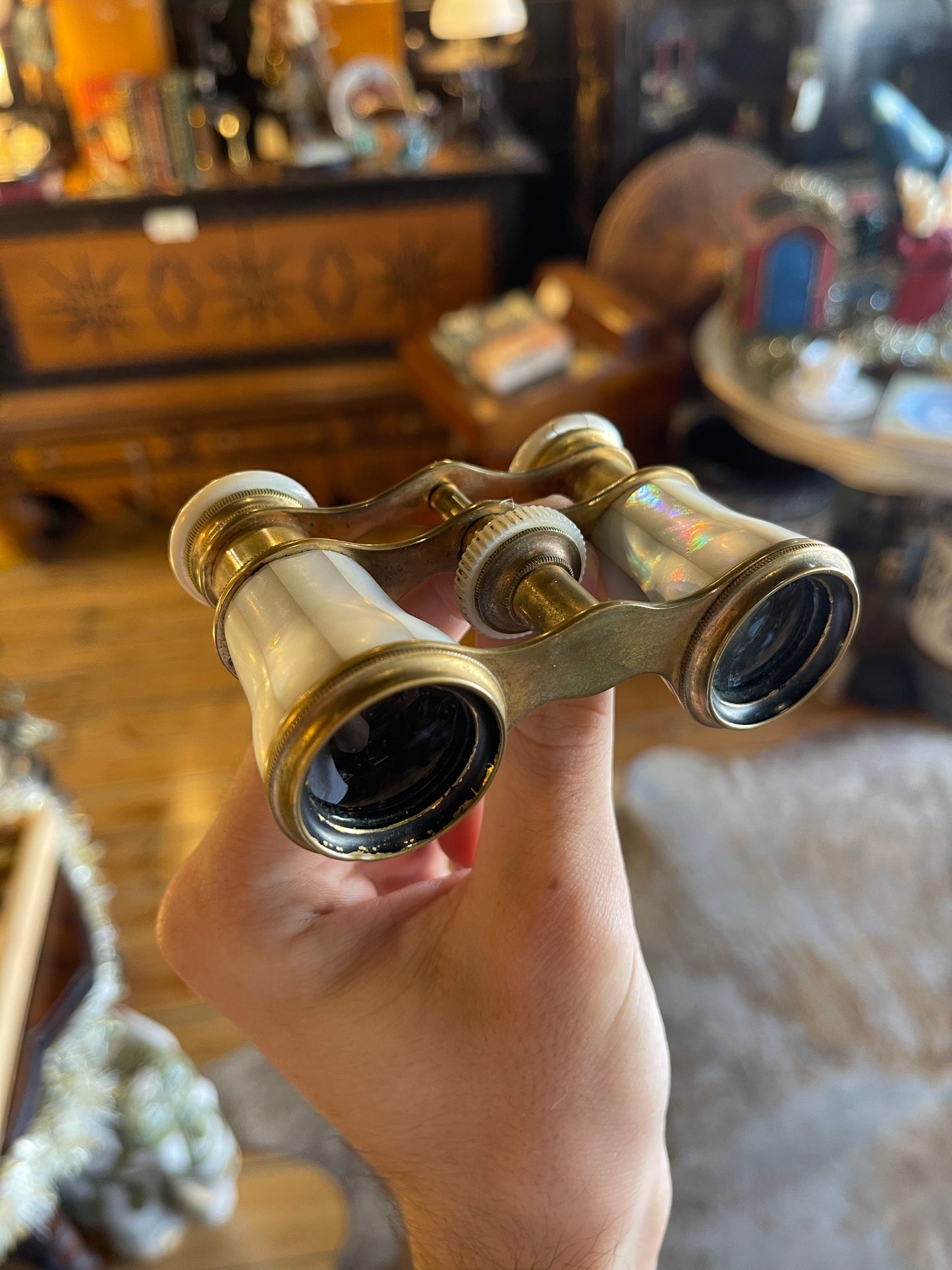 Antique Brass & Mother of Pearl Opera Glasses Binoculars with Velvet Purse - Circa 1890s