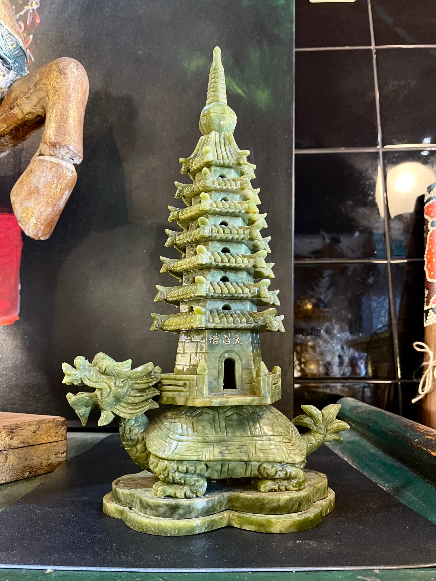 Hand-Carved Natural Jade Pagoda with Dragon Turtle Base – 40cm