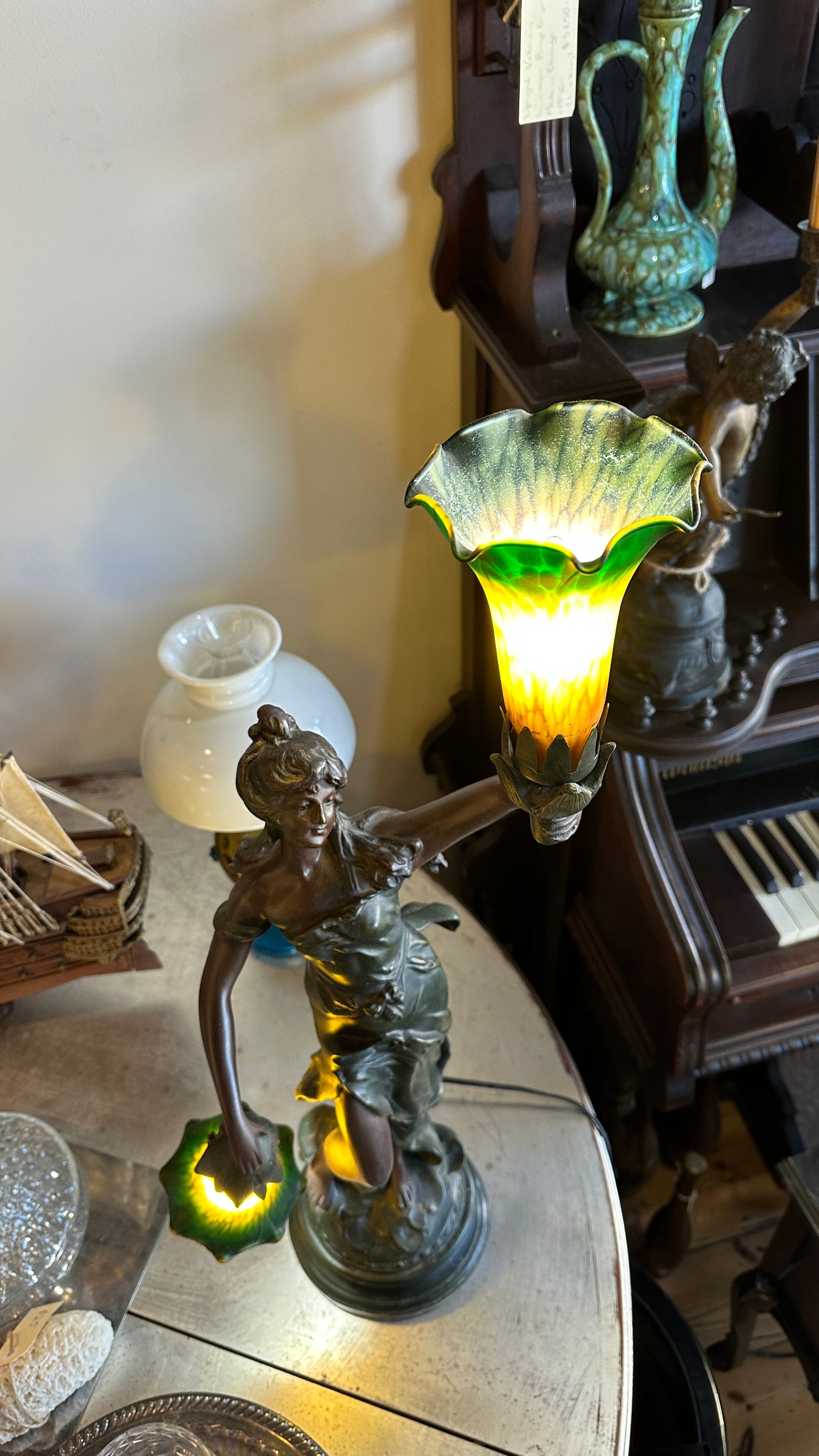 Art Nouveau figural table lamp titled "Lady Liberty”