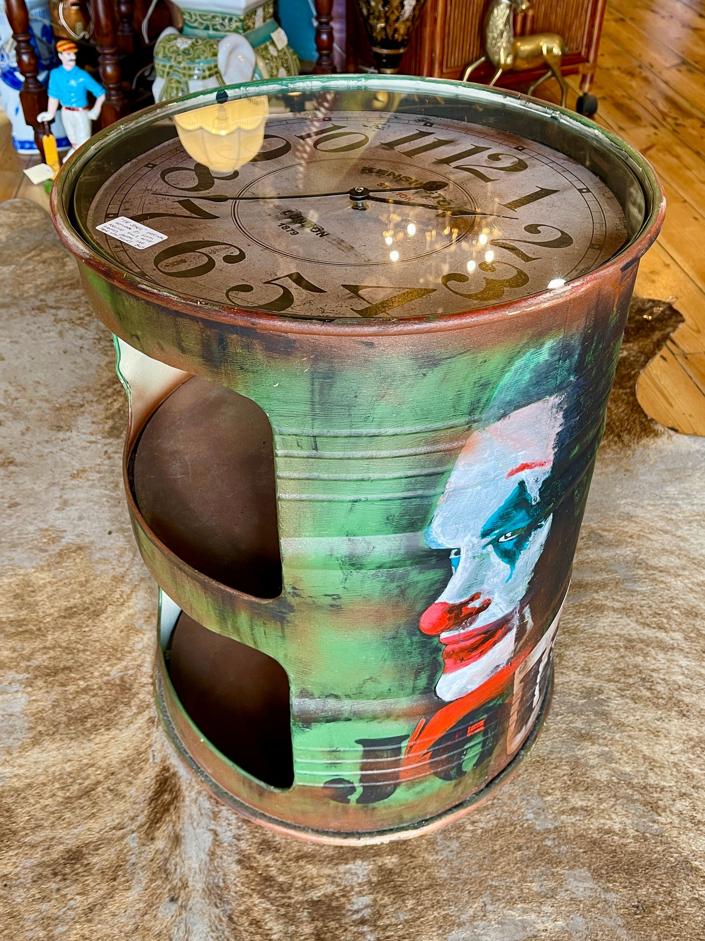 ‘The Joker’ Original Artwork Barrel Side Table with Glass Clock Top