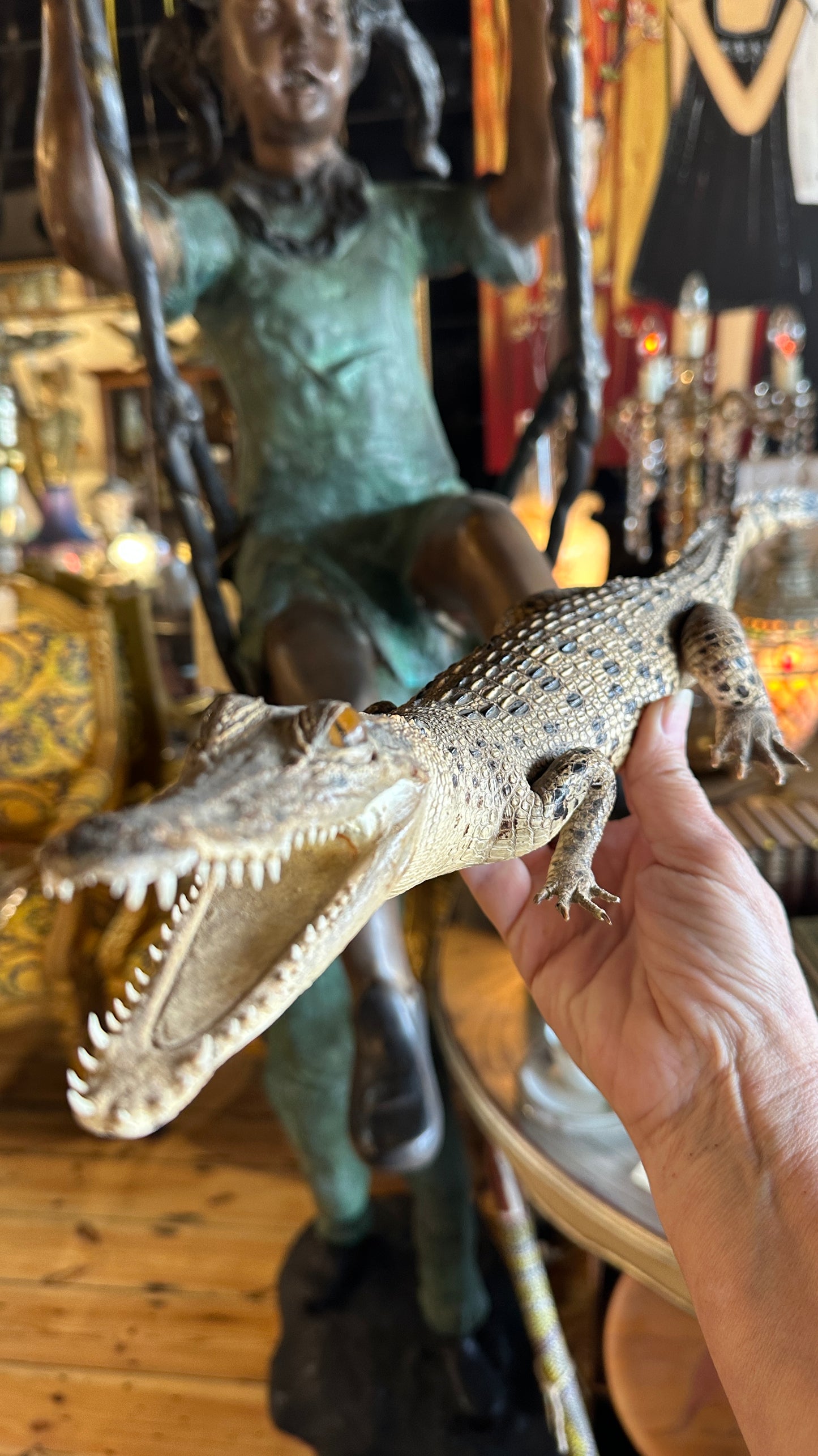 Vintage full-body juvenile crocodile taxidermy specimen with an open mouth and scaly dermal scutes