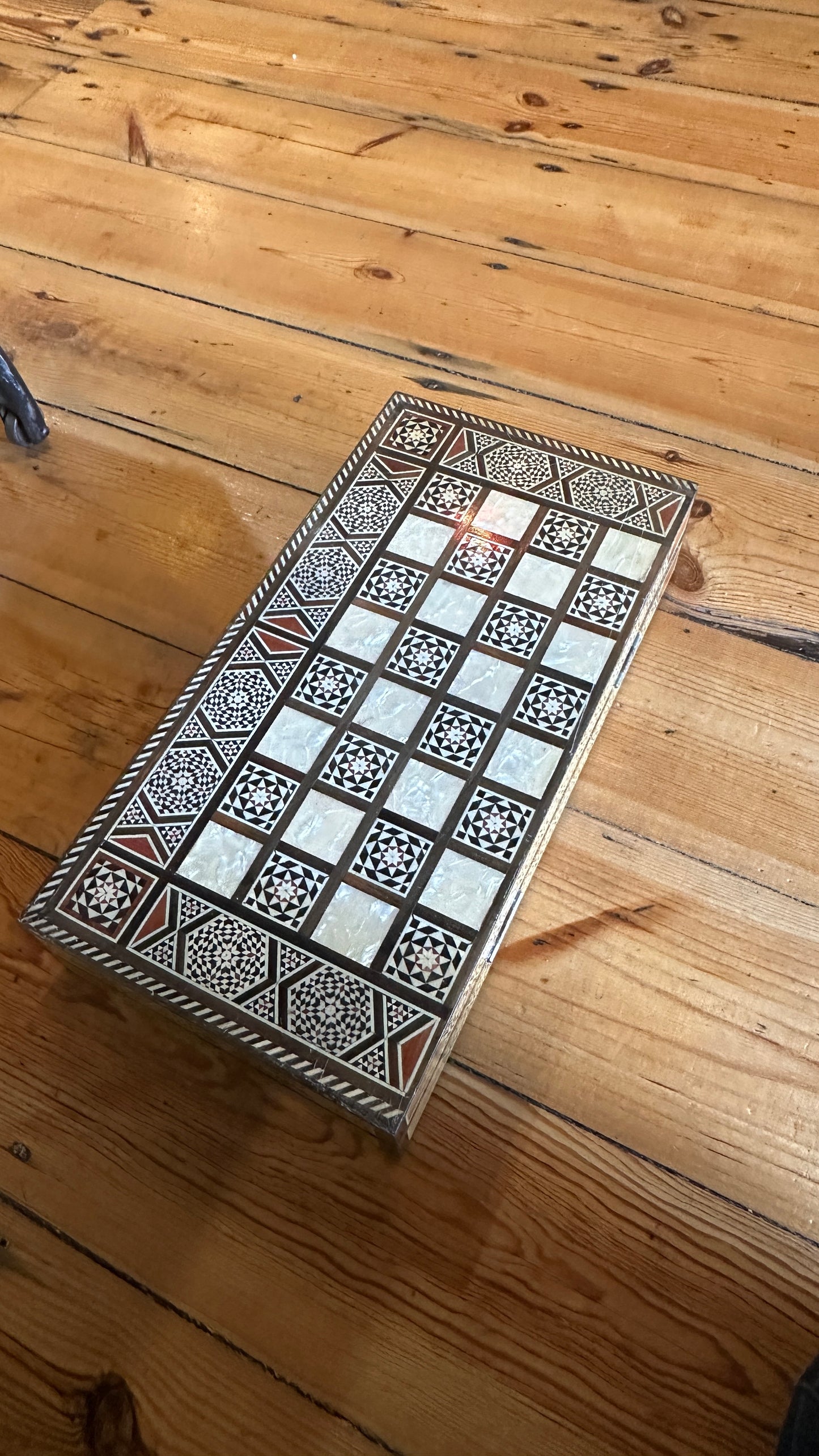 Vintage Syrian/Egyptian mosaic marquetry chess and backgammon board featuring intricate inlaid mother-of-pearl