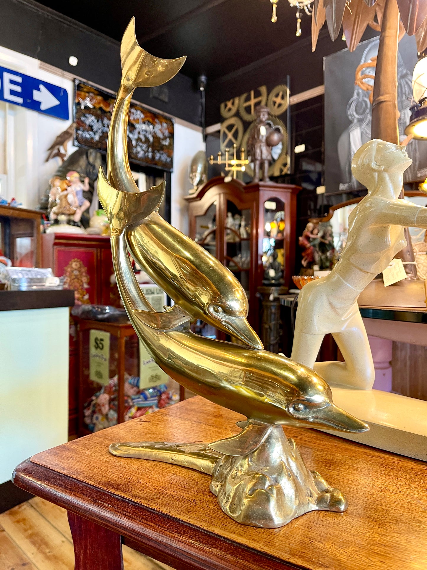 Elegant Polished Brass Dolphin Sculpture – 44cm High