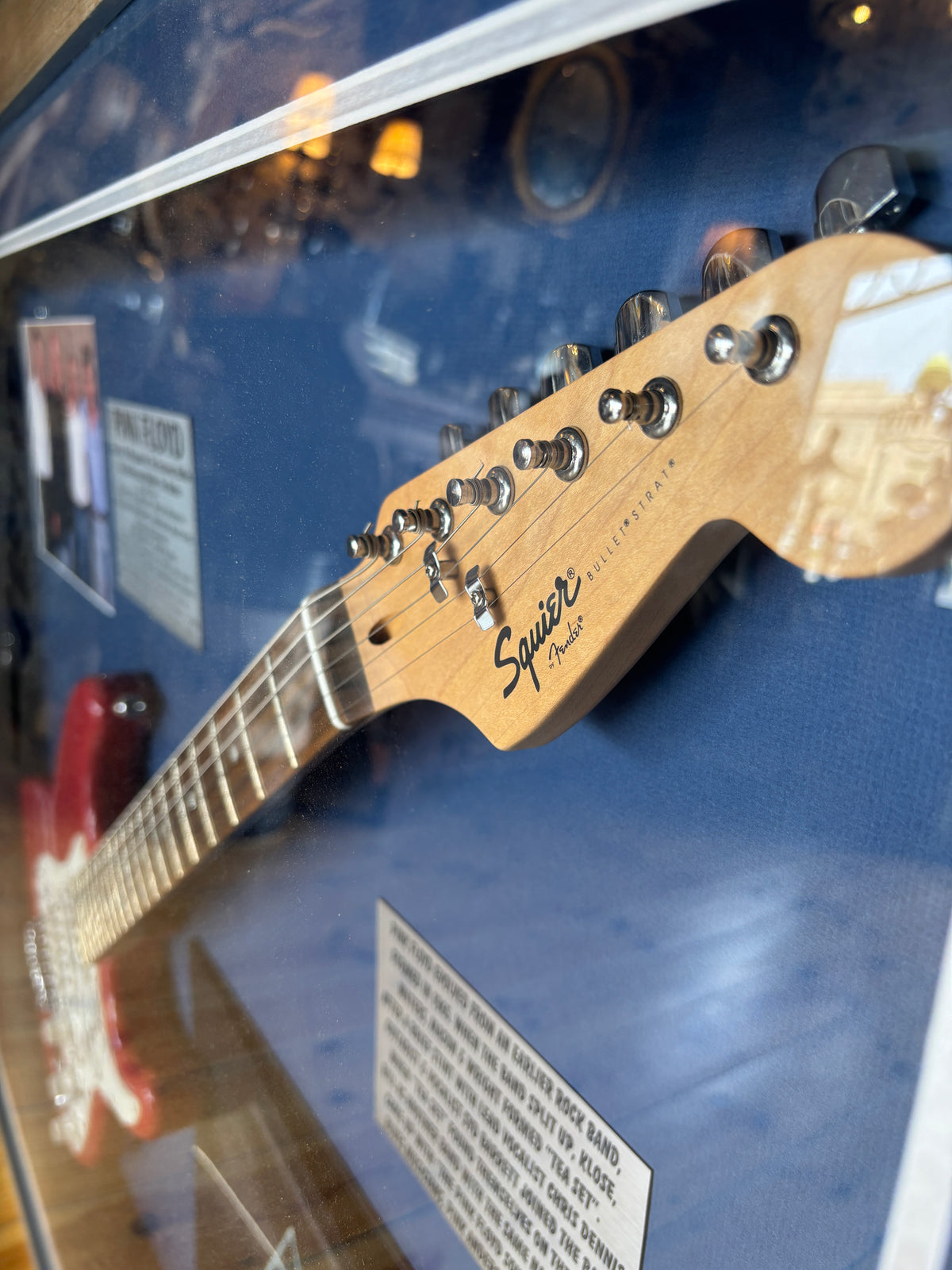 Pink Floyd Signed Guitar Display – Framed Squier Stratocaster with Dark Side of the Moon LP & COA | La La Vintage