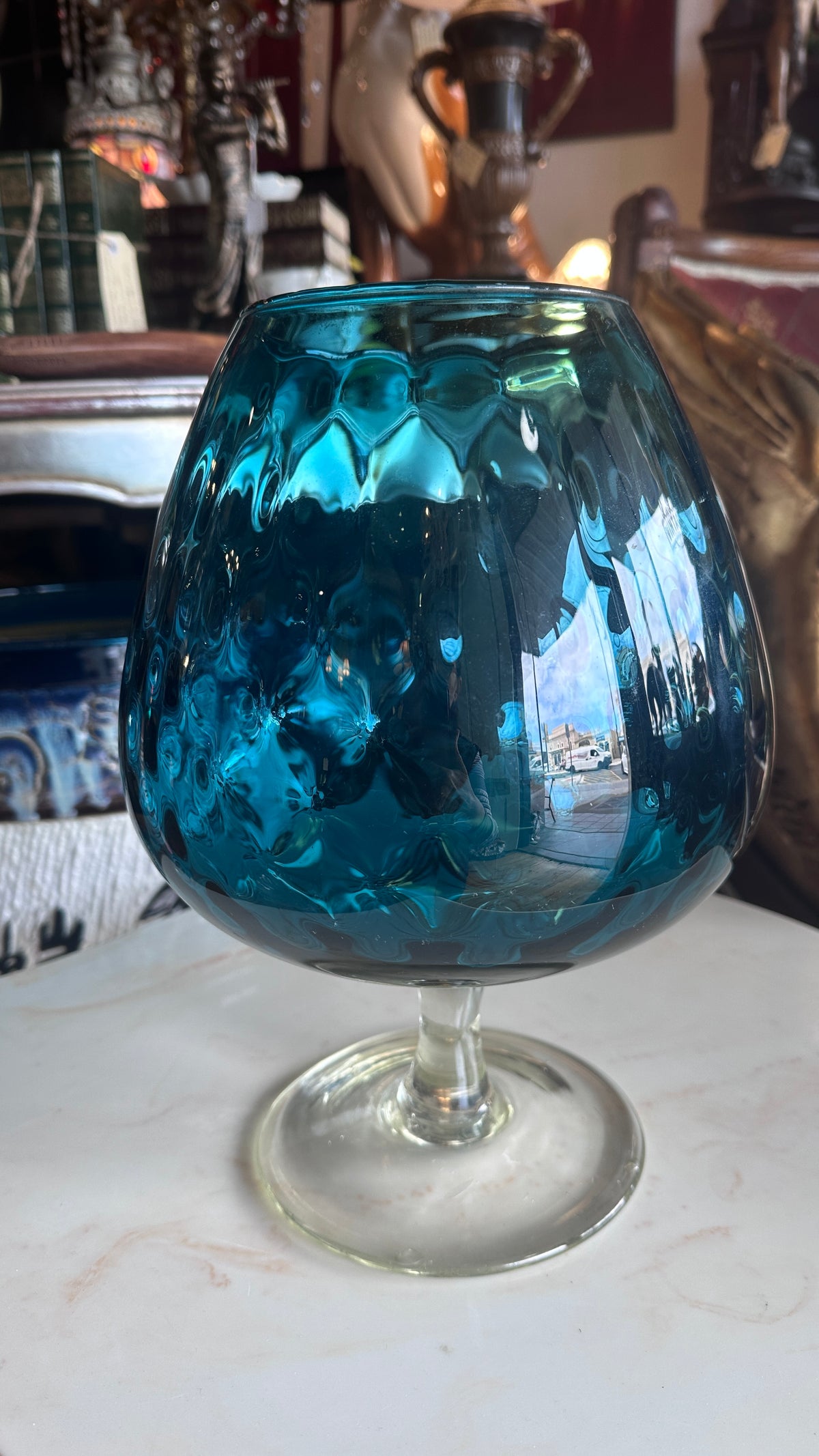 Mid Century Modern Italian Teal Blue Blown Glass Brandy Balloon Goblet Pedestal Vase