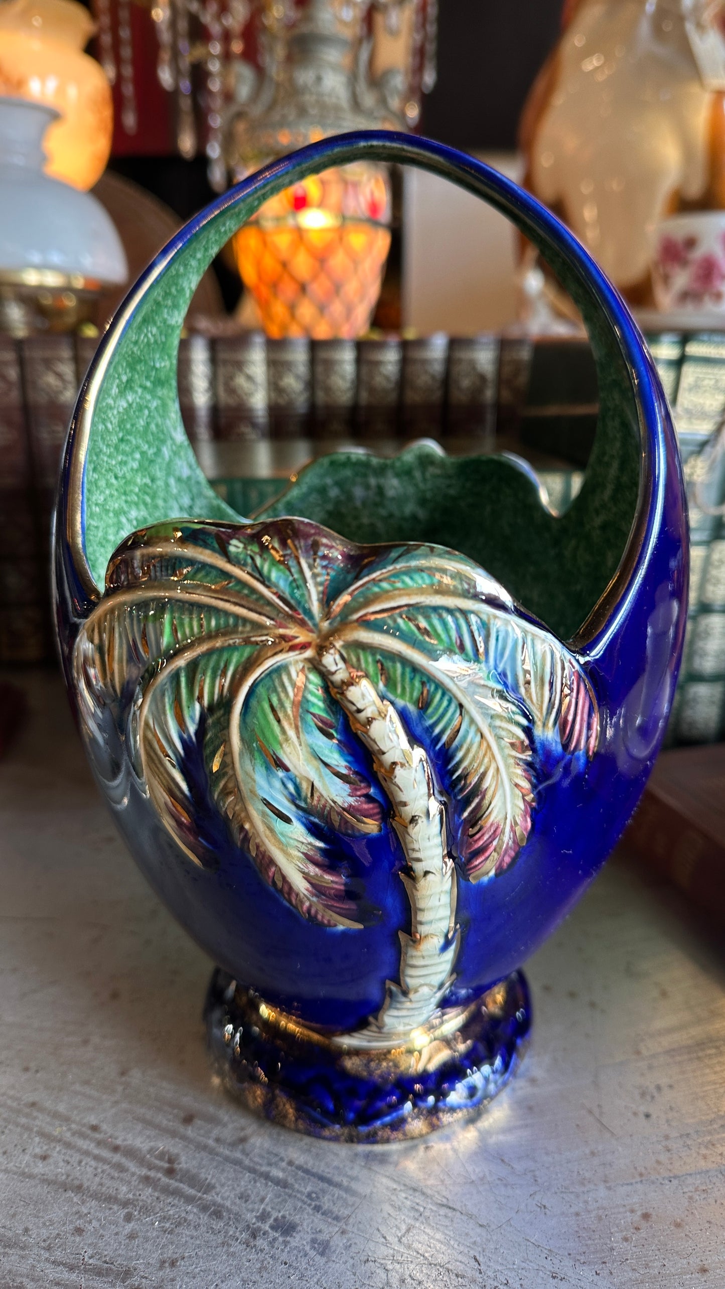 Vintage Beswick Ware Palm Tree Basket Vase Model 1070, Cobalt Blue Art Deco