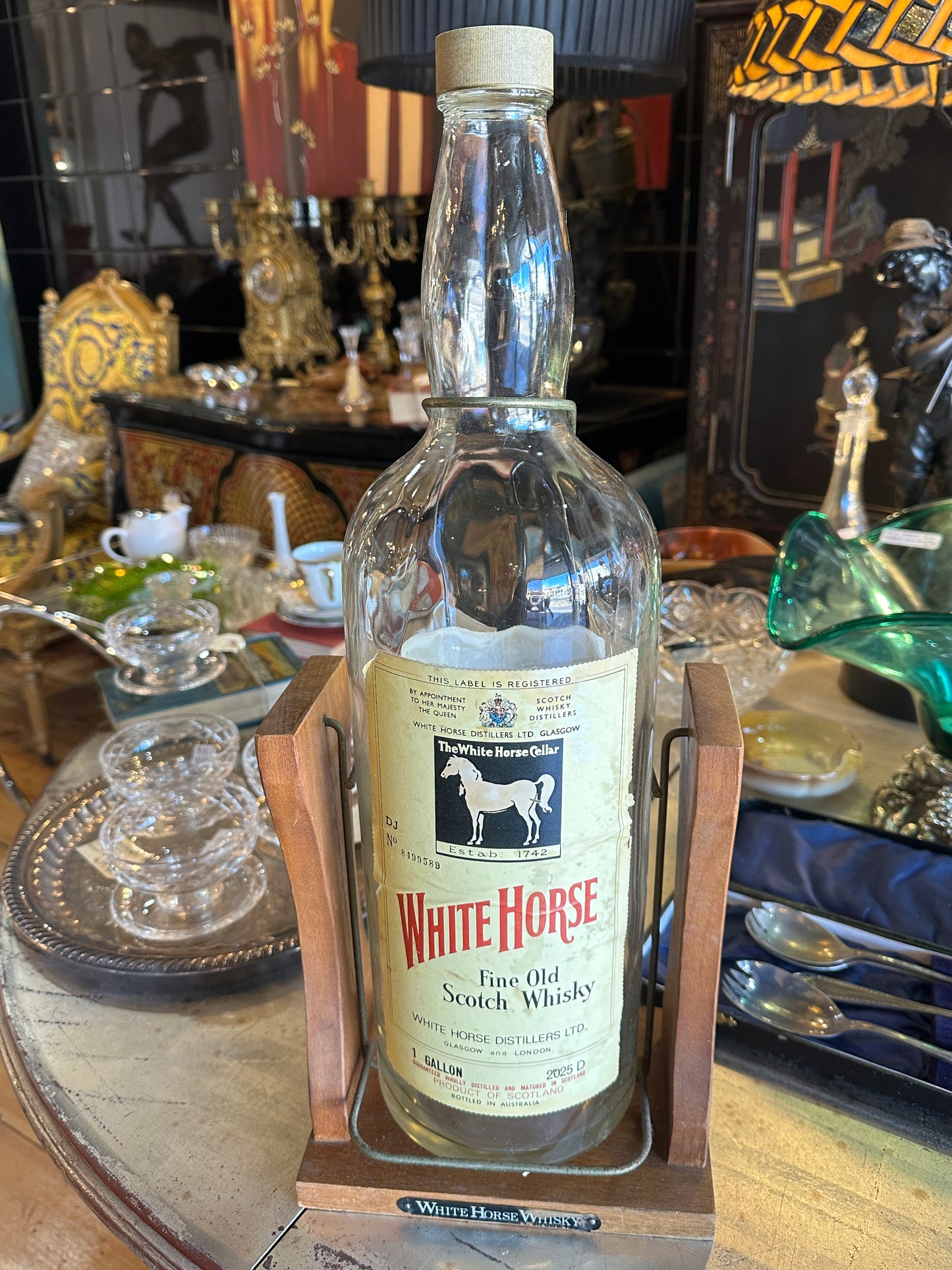 White Horse Whisky, Empty One Gallon Bottle on Pouring Stand