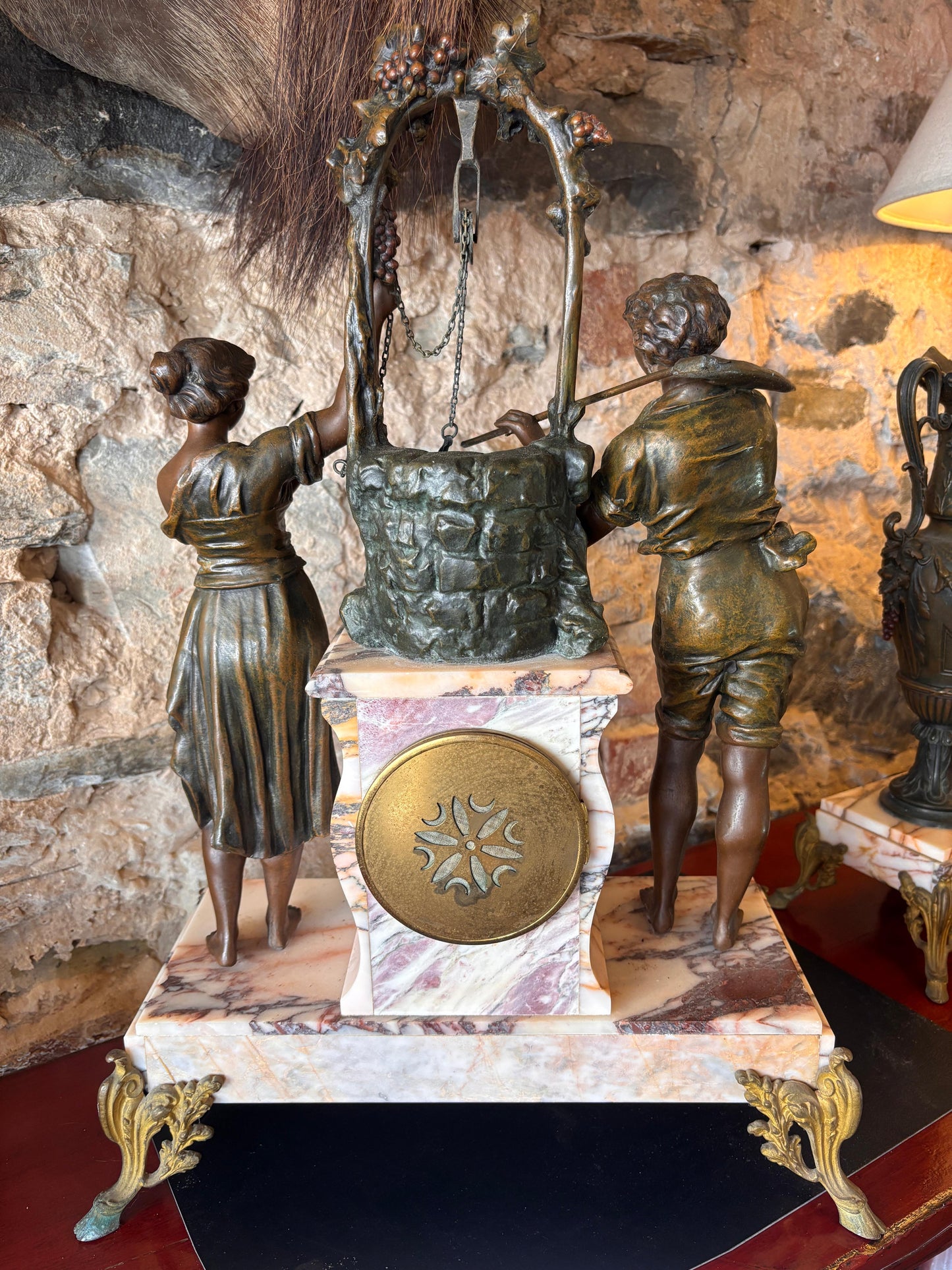 French Antique Marble Figural Clock Garniture – “Rencontre au Puits” by E. Groleau c.1890 – SCAPH Cluses Movement (Not Running)