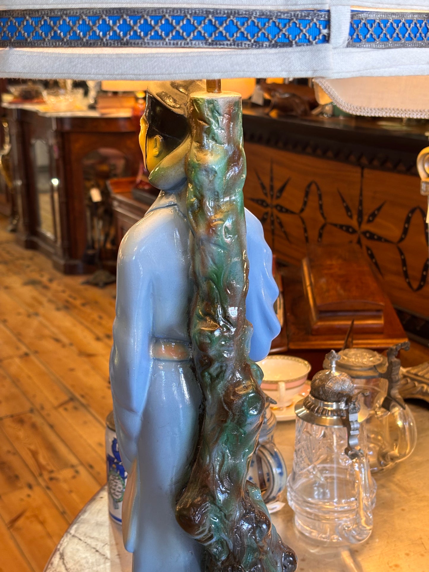 Mid-Century Asian Figural Lamp with Custom Blue Shade – 1950s Orientalist Decor (80cm)