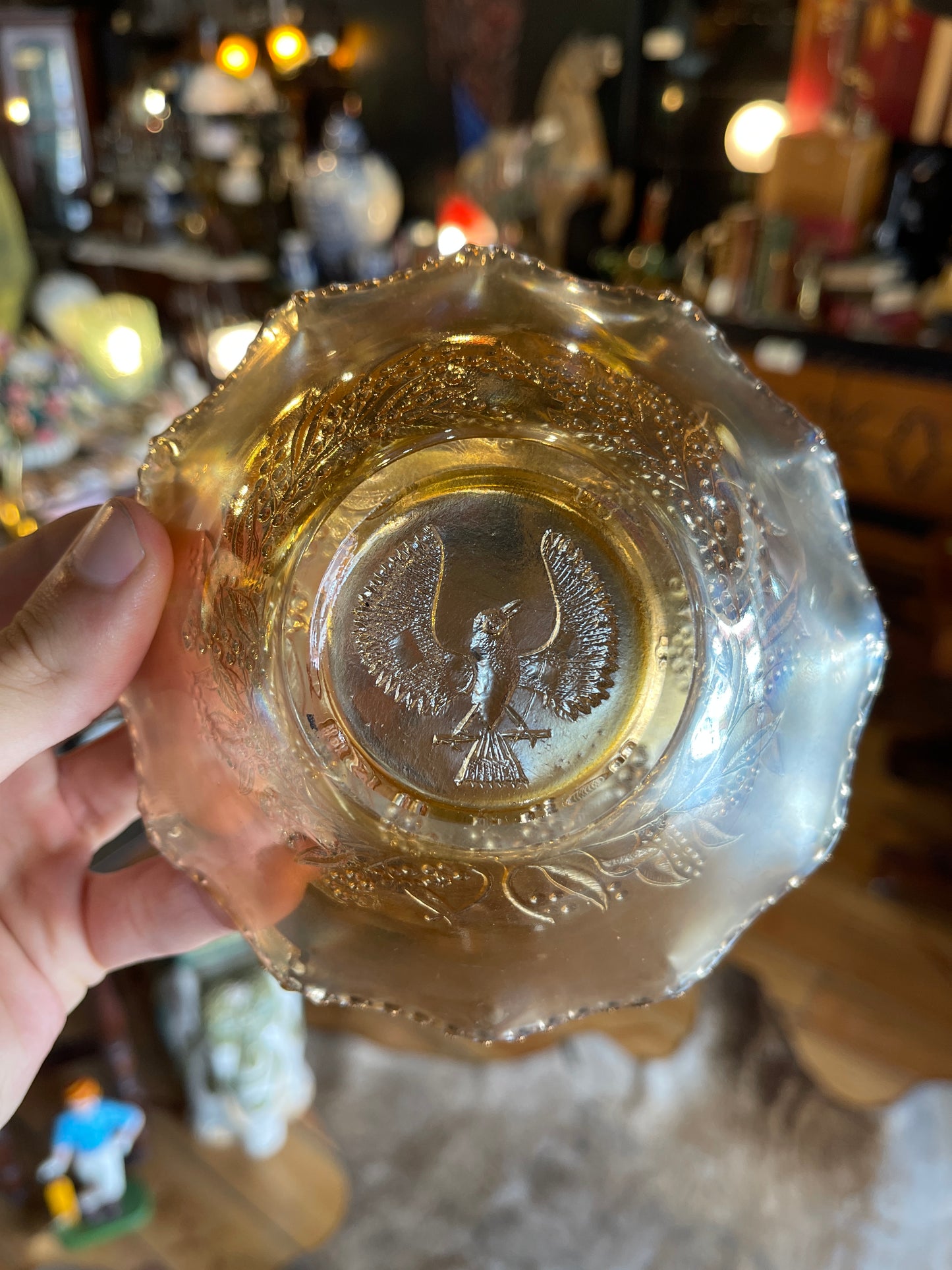 Carnival Glass Bowl Marigold Piping Shrike Bird - Australia 1920s