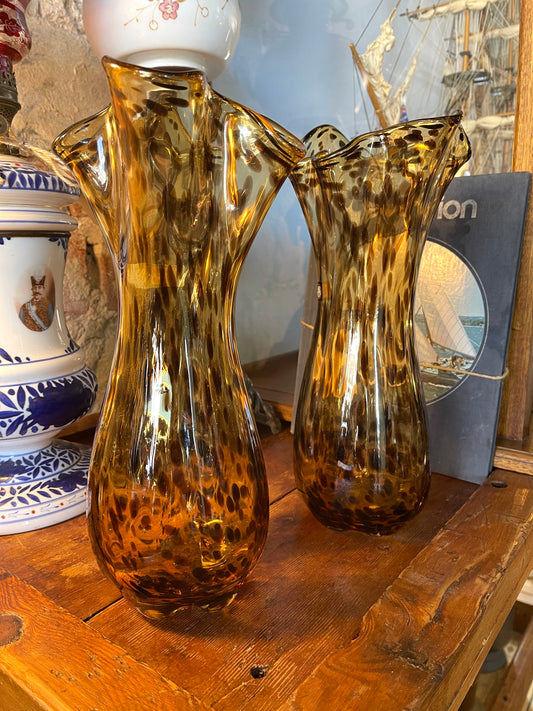 Vintage Amber Tortoiseshell Art Glass Vases – Organic Ruffled Rim (Priced Individually)