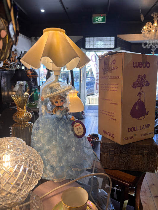 Vintage Webb Doll Lamp – Blue Lace Dress – Original Box & Tag – Korea c.1970s