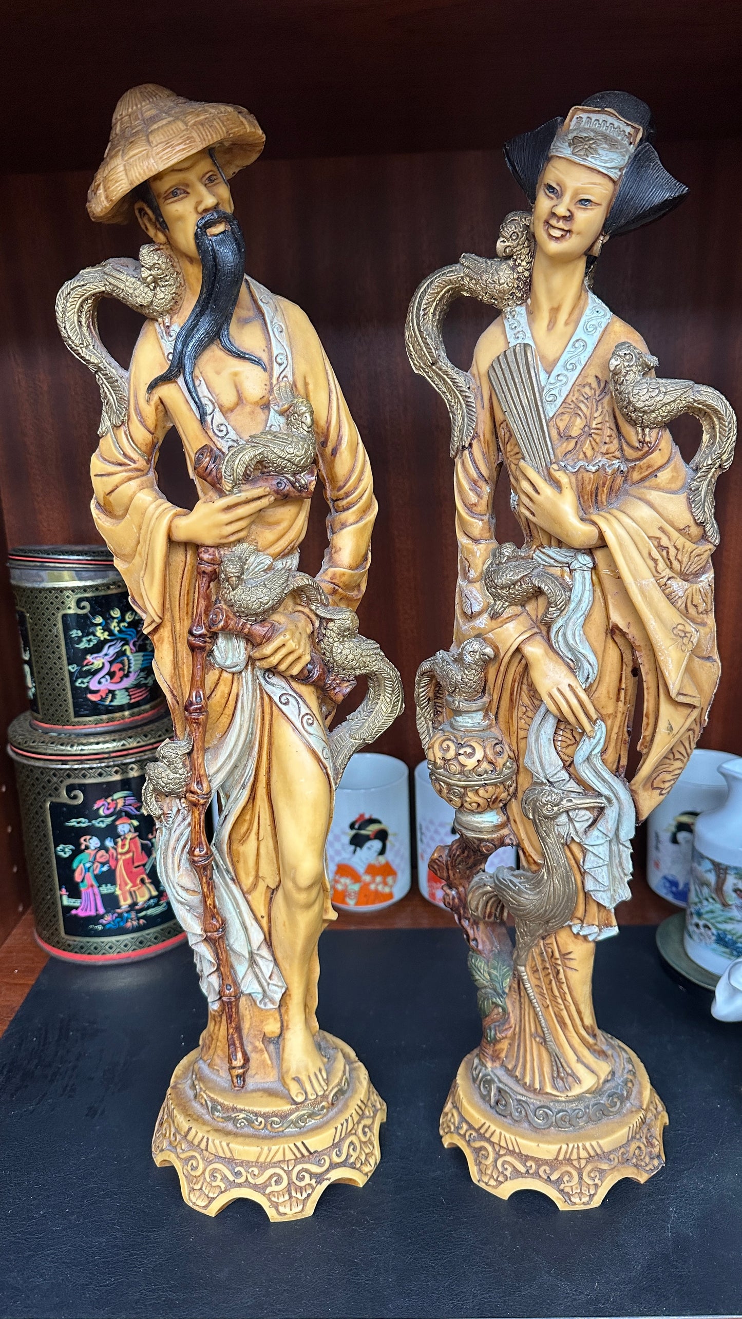 Vintage Chinese Male and Female Statues of Good Luck