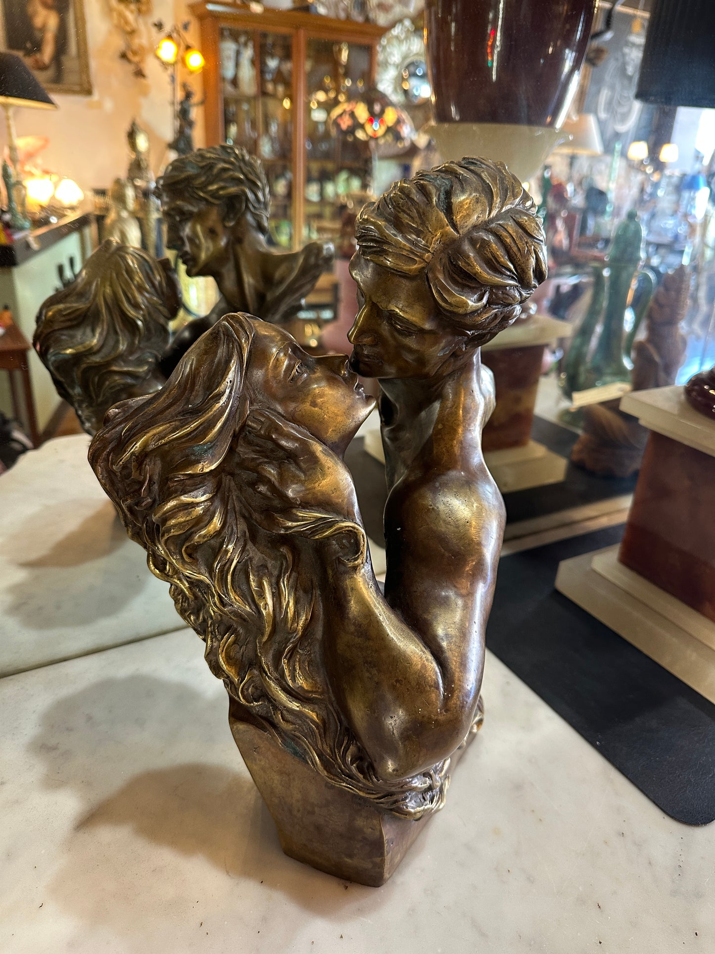 Vintage Neoclassical Bronze Kissing Lovers Sculpture