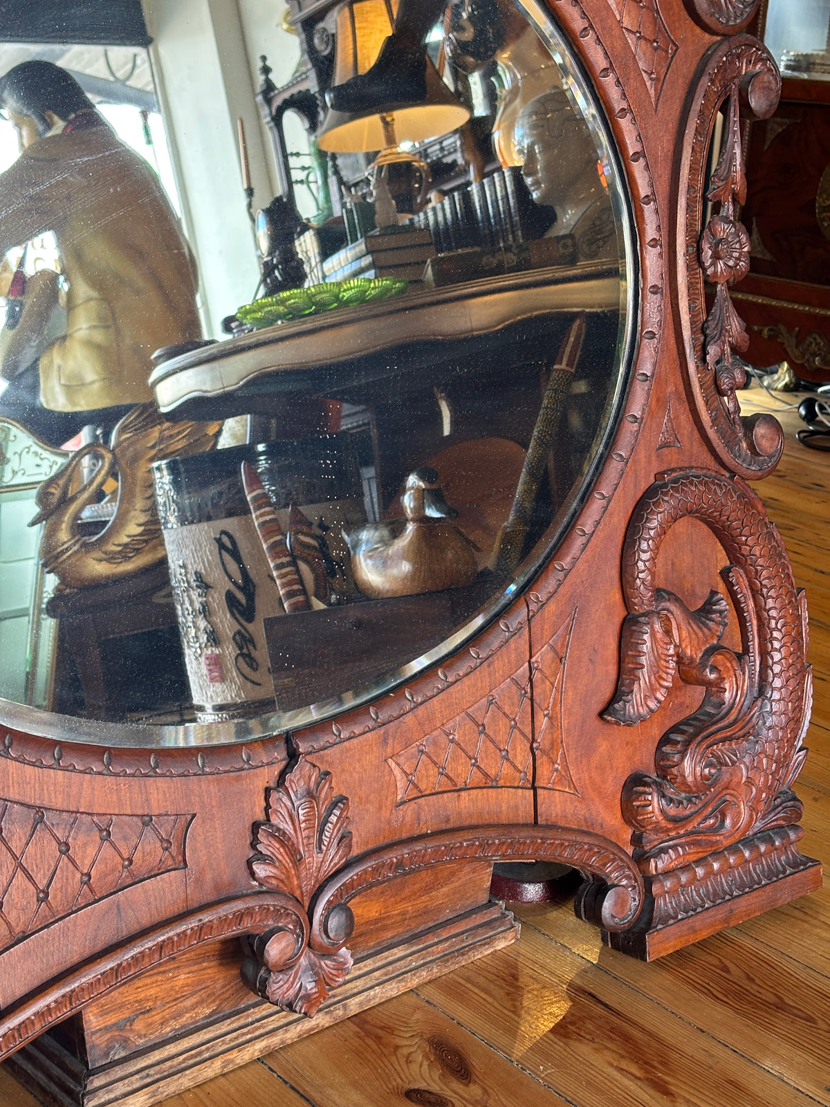 Antique Hand Carved Bird Mirror with Fish | Continental Baroque Revival c.1900 | 124cm