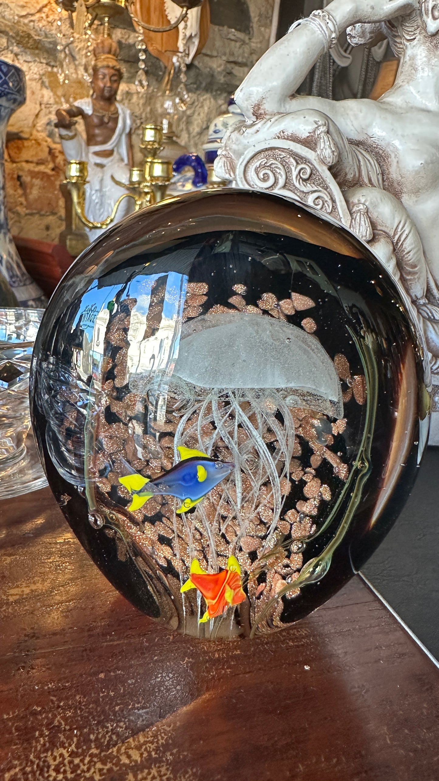 Hand Blown Art Glass Aquarium Paperweight – Jellyfish & Tropical Fish with Aventurine Gold Dust Accent