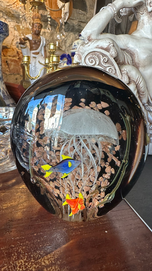 Hand Blown Art Glass Aquarium Paperweight – Jellyfish & Tropical Fish with Aventurine Gold Dust Accent