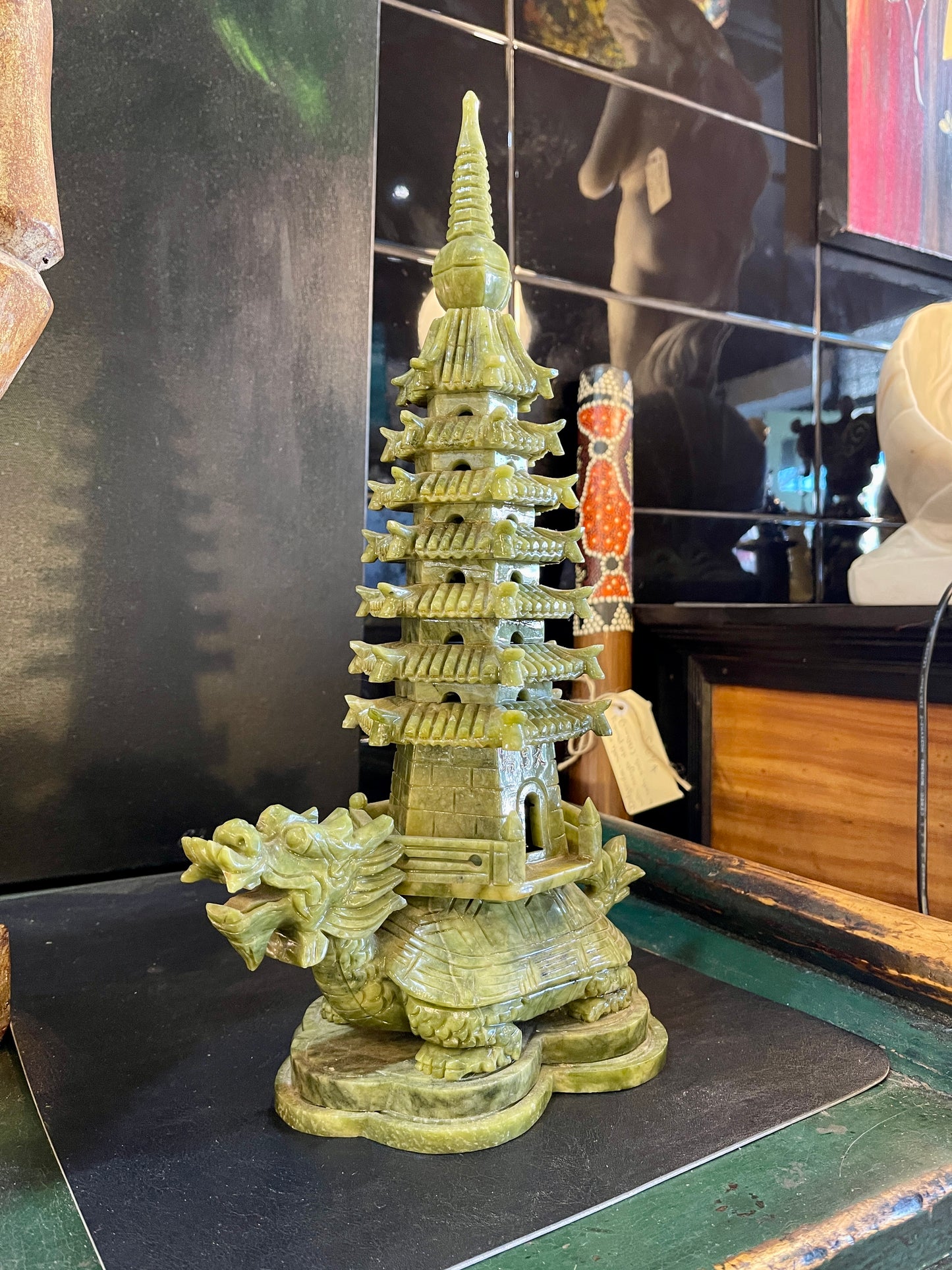 Hand-Carved Natural Jade Pagoda with Dragon Turtle Base – 40cm