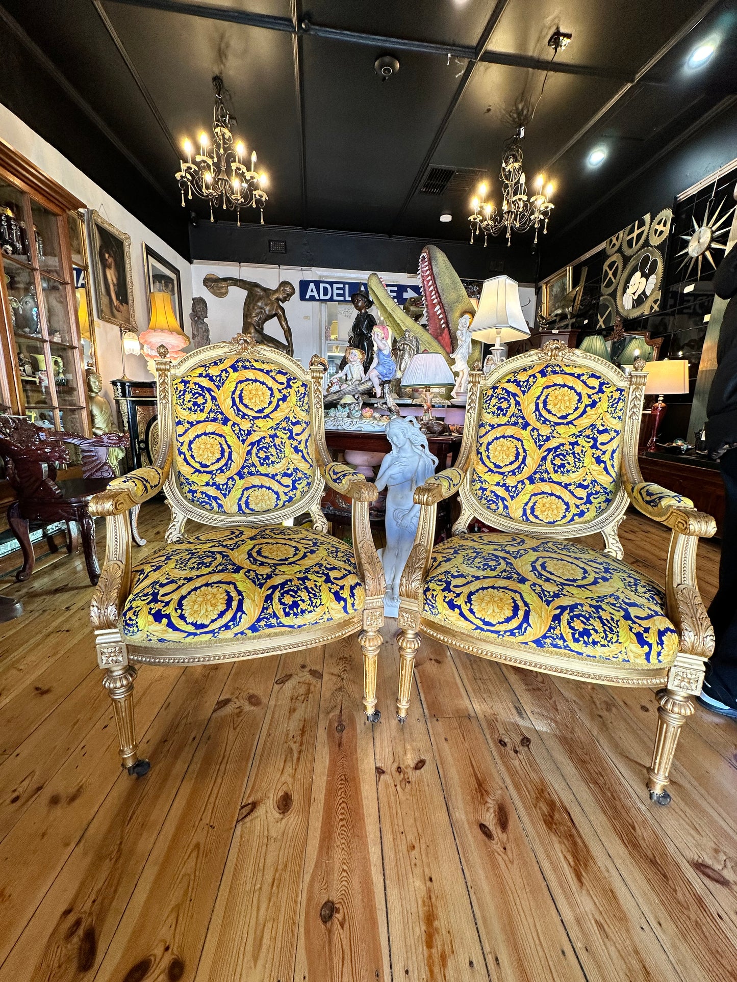 Louis XVI Carved Gilt Framed Armchairs Upholstered with Versace Fabric - Sold Separately