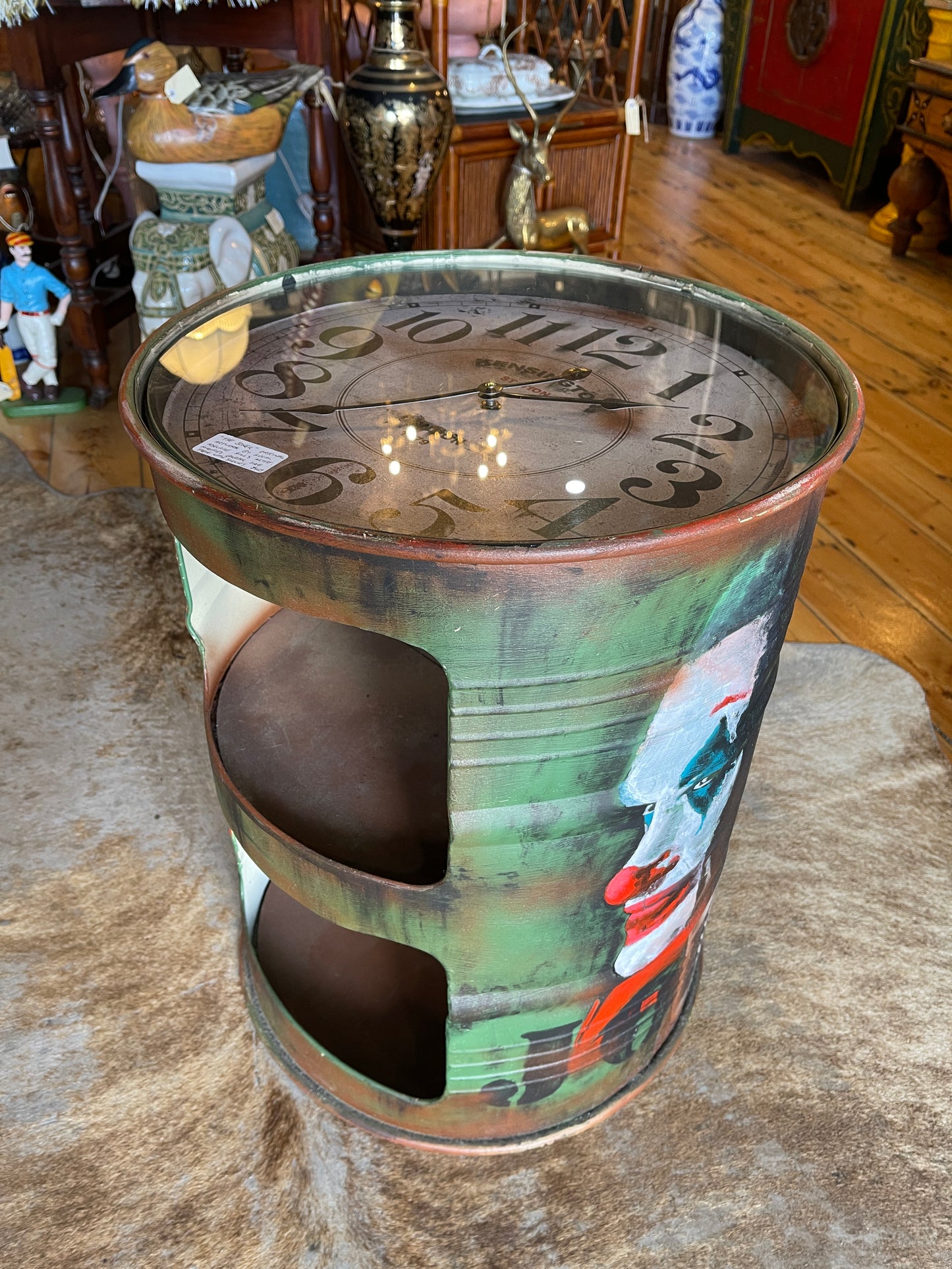 ‘The Joker’ Original Artwork Barrel Side Table with Glass Clock Top