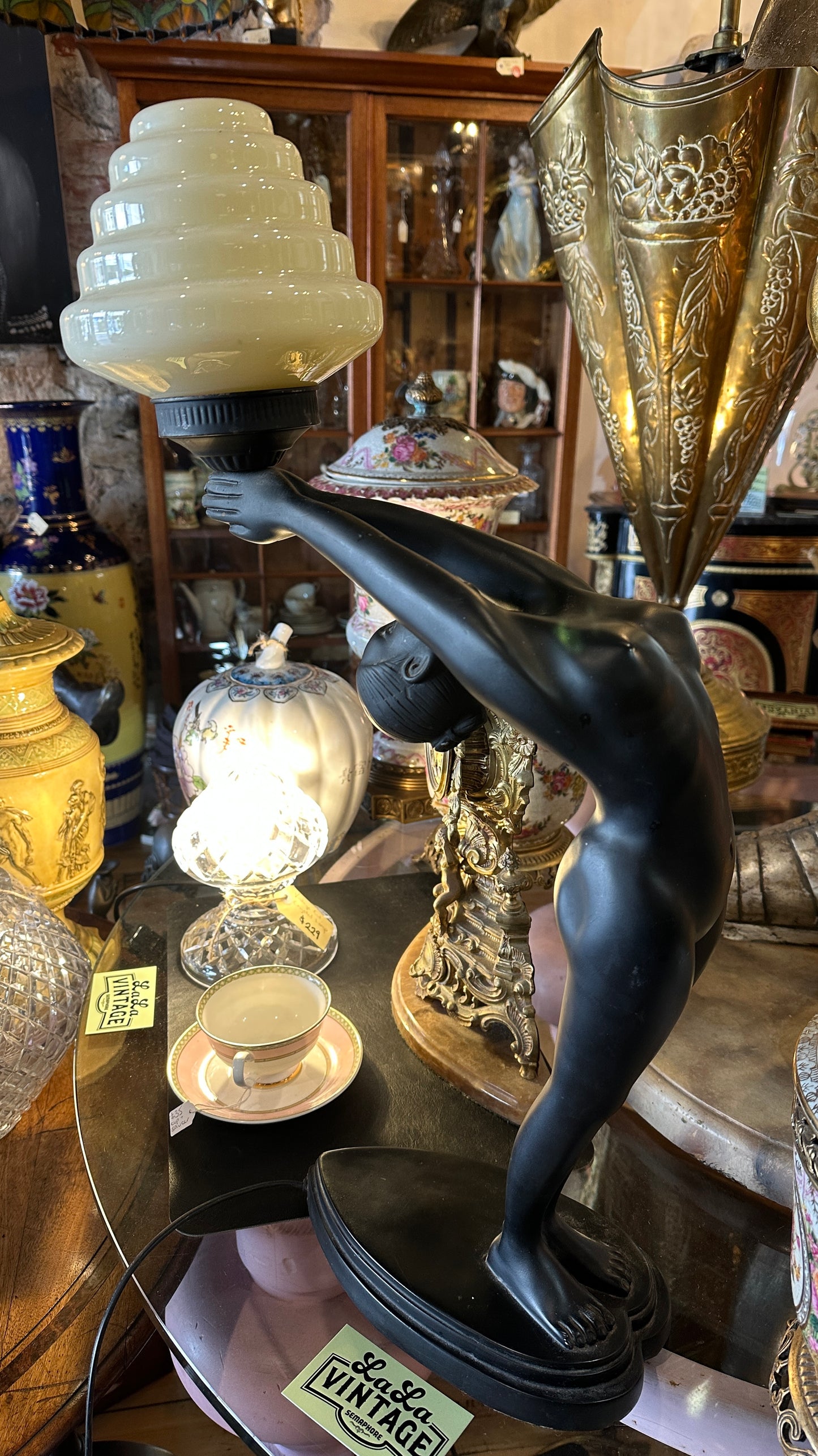 Art Deco Table Lamp in Matte Black with Tiered Glass Shade