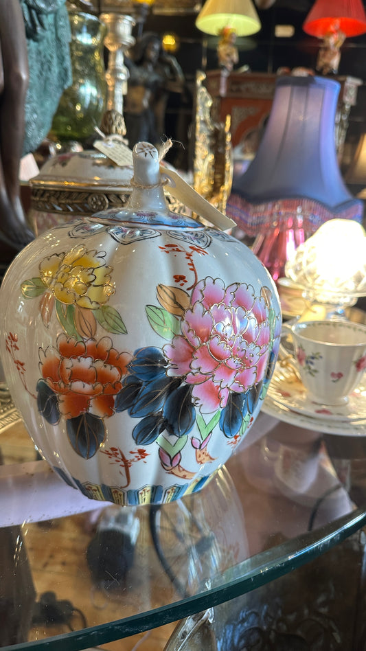 Vintage Chinese Porcelain Pumpkin Lidded Ginger Jars Pair | Hand-Painted Peony Chinoiserie Decor
