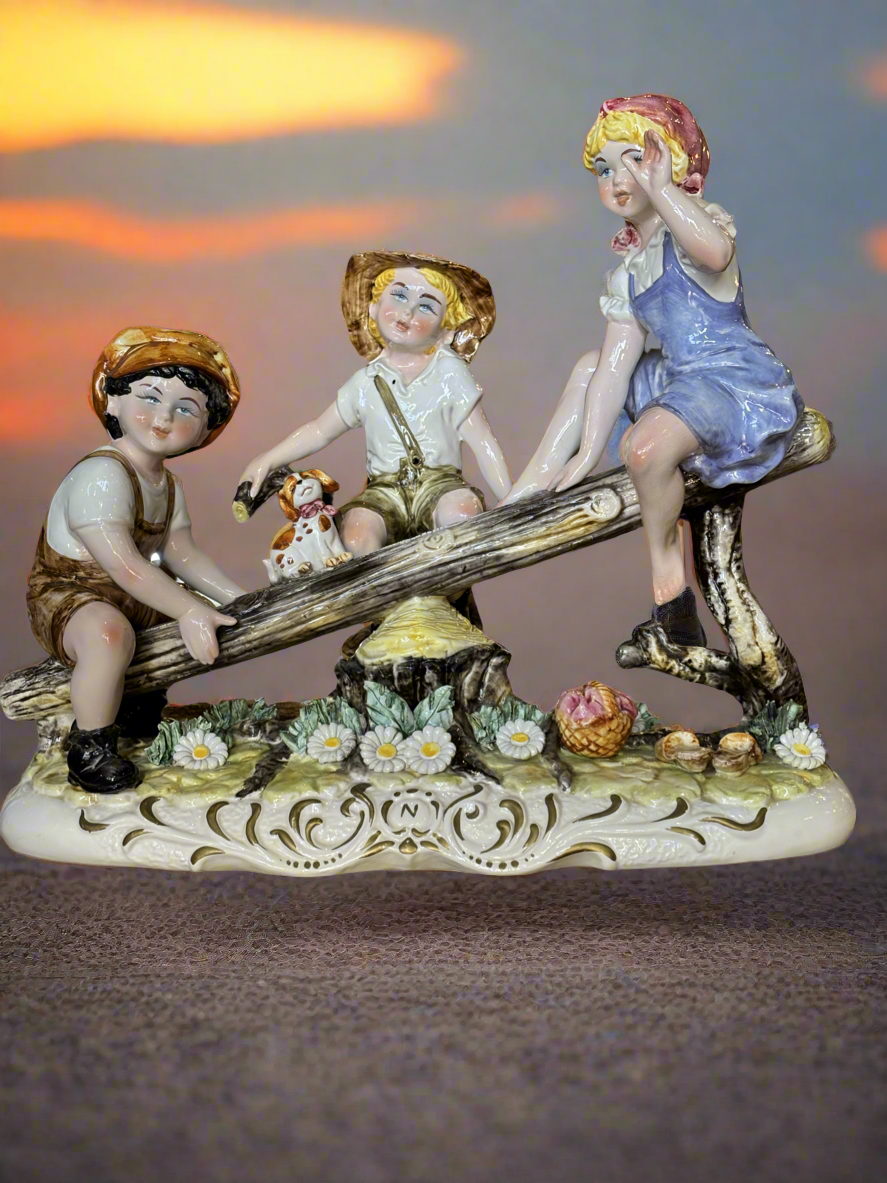 Large Capodimonte CHILDREN ON THE SEE-SAW Porcelain Figurine Hand Made in Italy