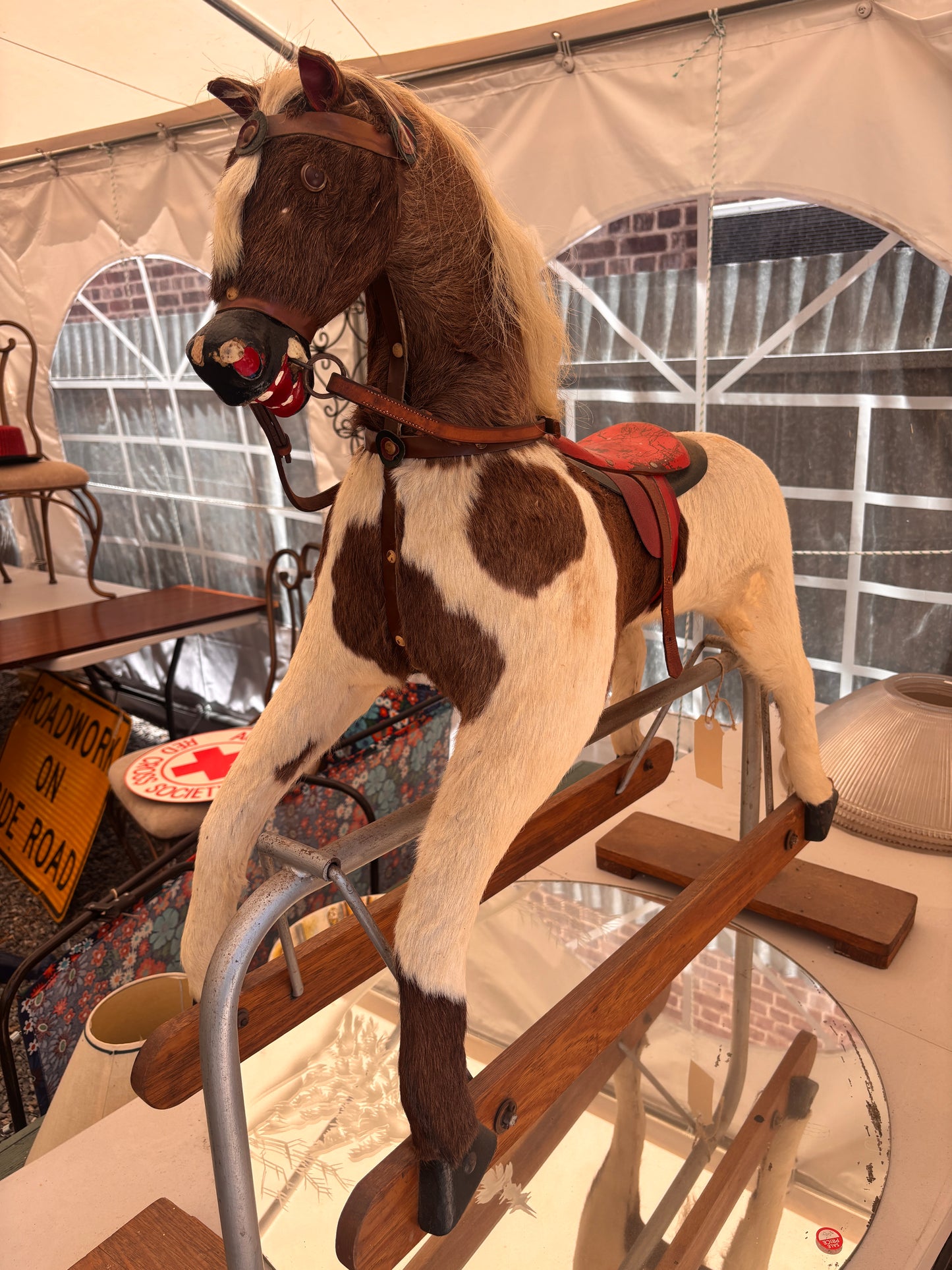 Vintage Rocking Horse with Real Horsehair Hide & Leather Saddle | c.1940s–1960s