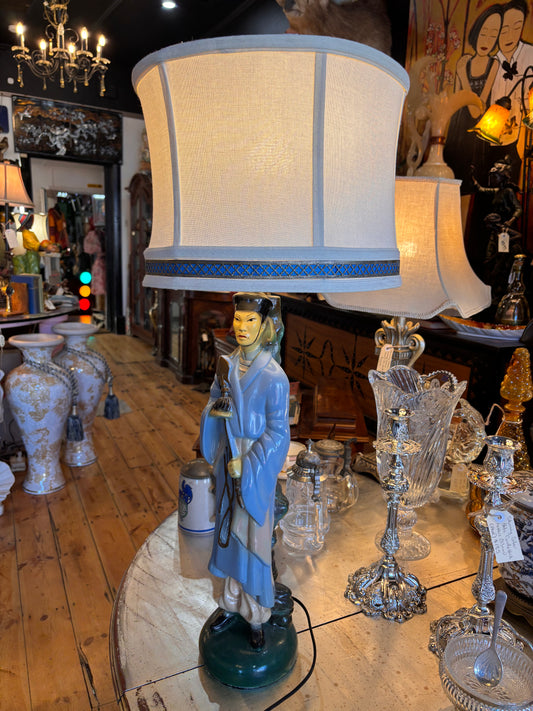 Mid-Century Asian Figural Lamp with Custom Blue Shade – 1950s Orientalist Decor (80cm)