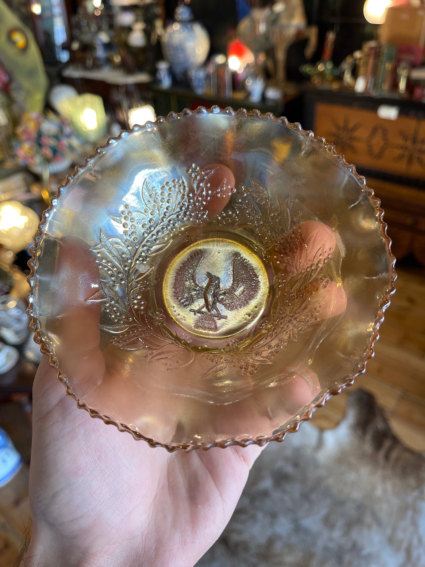 Carnival Glass Bowl Marigold Piping Shrike Bird - Australia 1920s