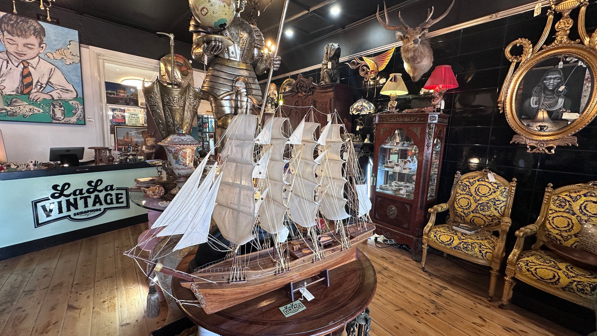 Vintage Five-Masted Barque Tall Ship Model – Large Hand-Built Hardwood Display Model with Cloth Sails, c.1970s–80s